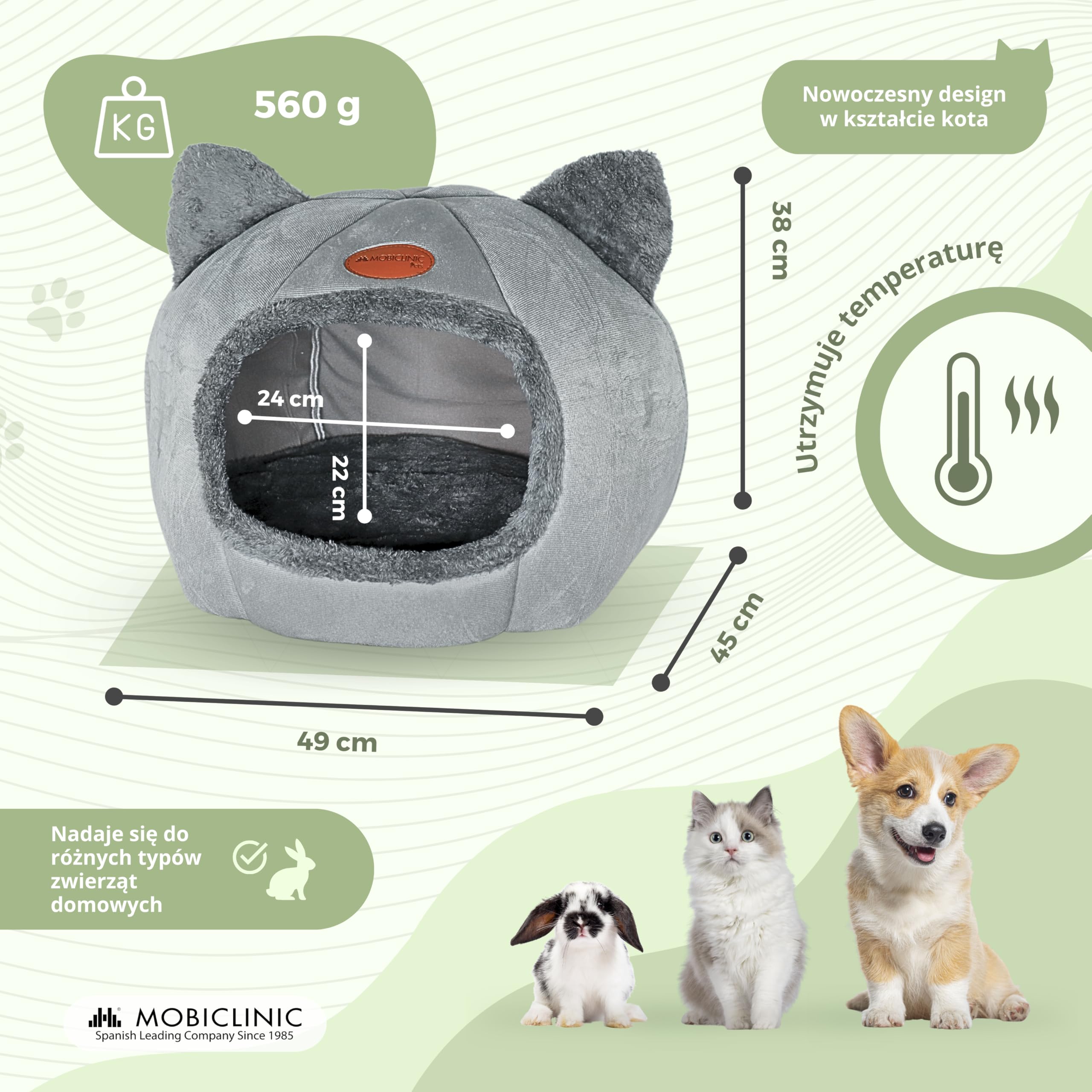 Mobiclinic® pets, Łóżko dla kotów, Jaskinia gniazdo, Hellocatty, Nadaje ę do prania w pralce, Łatwe złżenia i przechowywania, Antypoślizgowe, Wygodna wyjmowana, Gąbka 25d