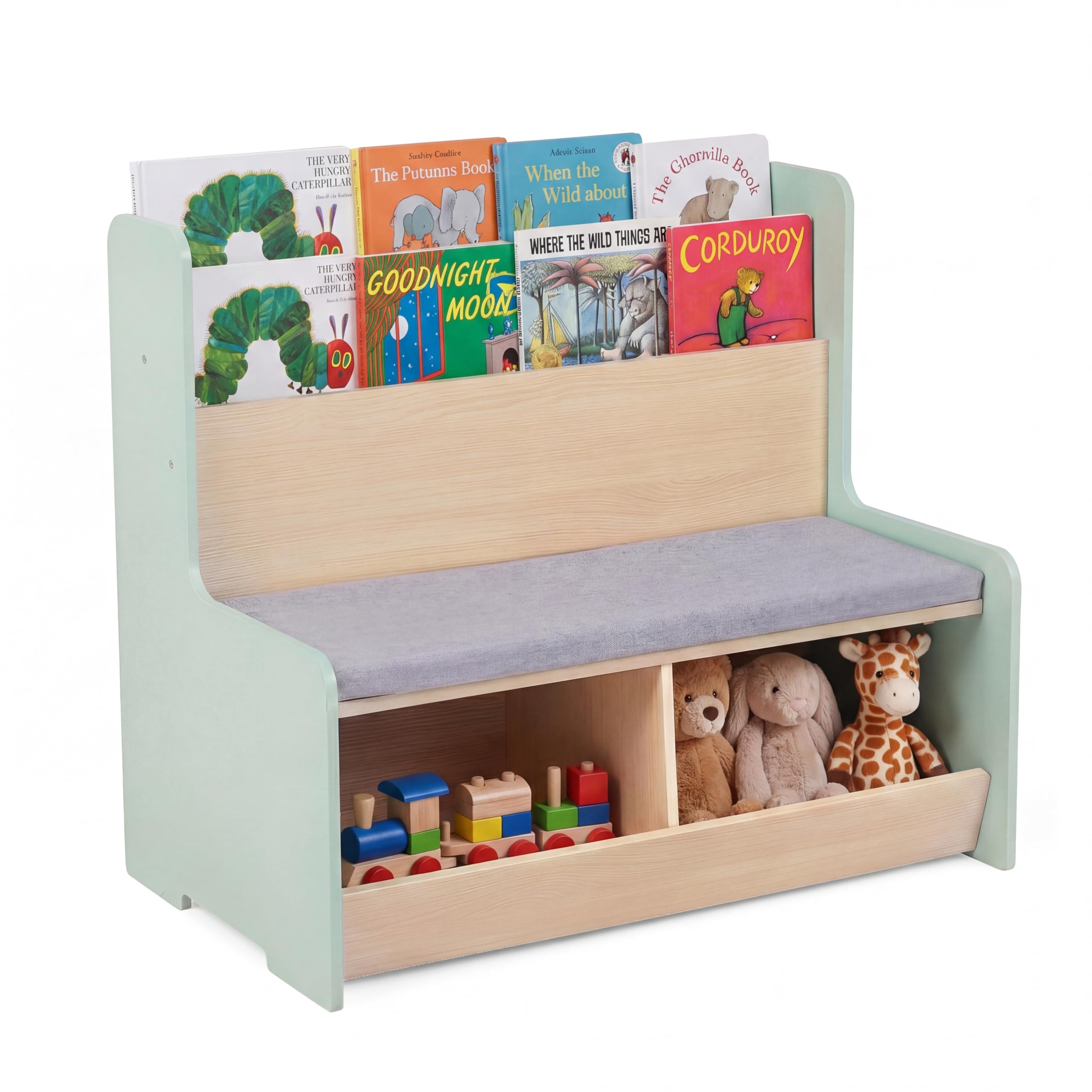LIFEZEAL Bibliothèque Enfant avec Banc, Étagère à Livres à 2 Niveaux & 2 Compartiments Range-Jouets, Assise Rembourrée, Meuble Rangement pour Chambre d’Enfant, Crèche, pour 3+ Ans (Vert)