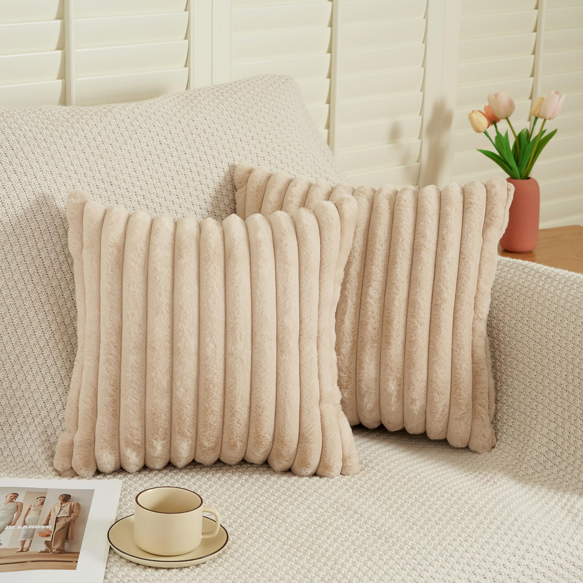 EASE LEAP Beige Cushion Covers 40cm x 40cm Fluffy Faux Fur Set of 2 Throw Pillow Covers Soft Plush Pillowcases for Sofa Bed Modern Style Home Decor Fluffy Striped Cushion Cover 16x16 Inches
