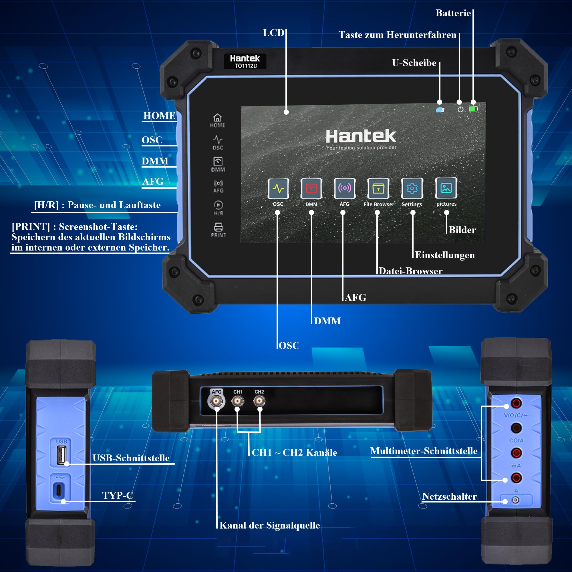 Hantek TO1112D 2CH Osciloscopi multifunzionale, con generatore di segnale multimetro, 3 in 1, 110 MHz, 250 MSa/s per laboratorio, ricerca scientifica