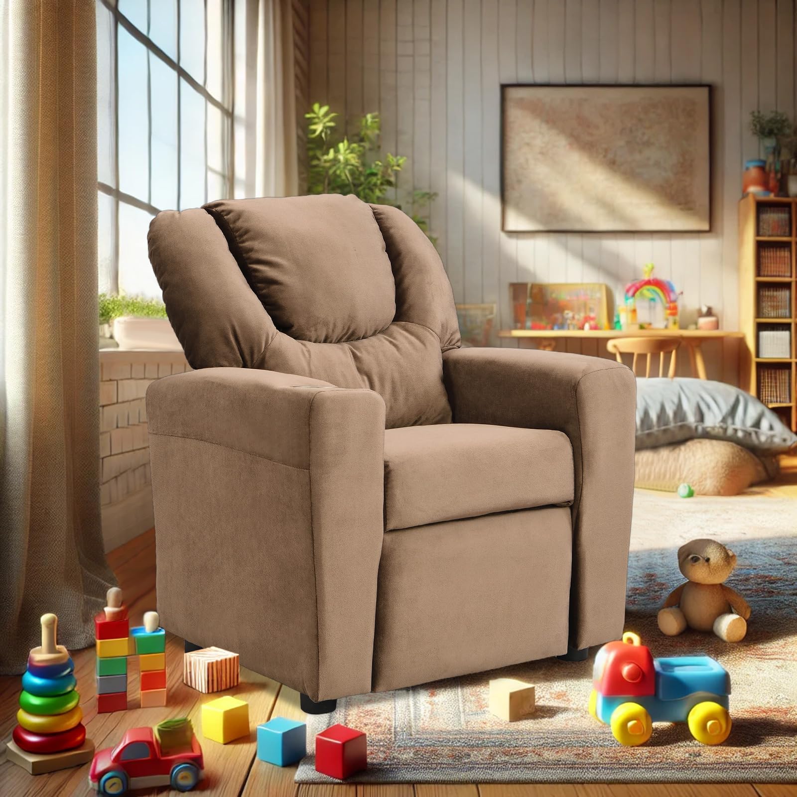 Kids Recliner Chair, Kids Upholstered Couch with One Cup Holder, Footrest, Backrest, Toddlers Velvet Recliner with Headrest and Footrest