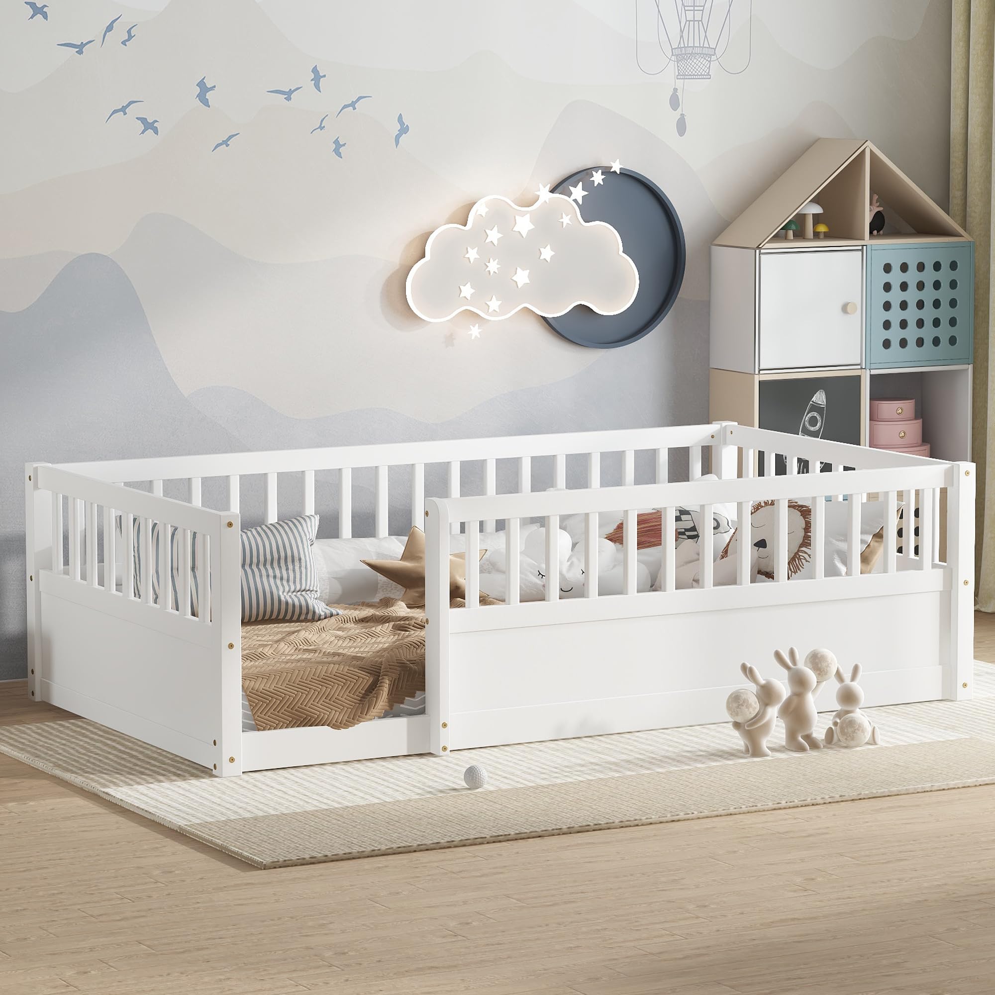 Twin Size Montessori Wooden Floor Bed - Kids Bed with Fence, White, for Bedroom & Playroom