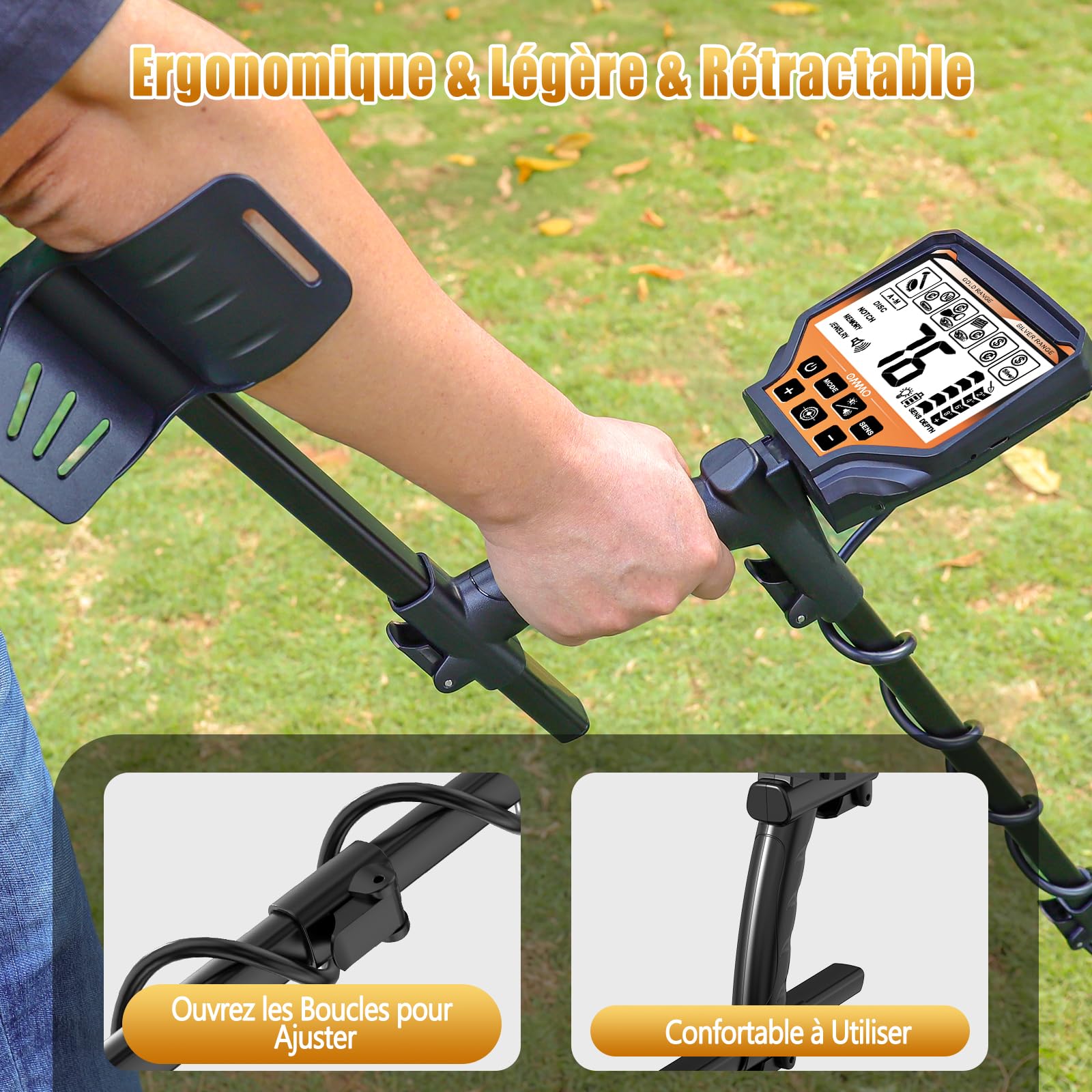OMMO détecteur de métaux pour Adultes Professionnels, Rechargeable USB, 6 Modes, Tige réglable 69,8-124,5 cm, Bobine étanche IP68 25,4 cm