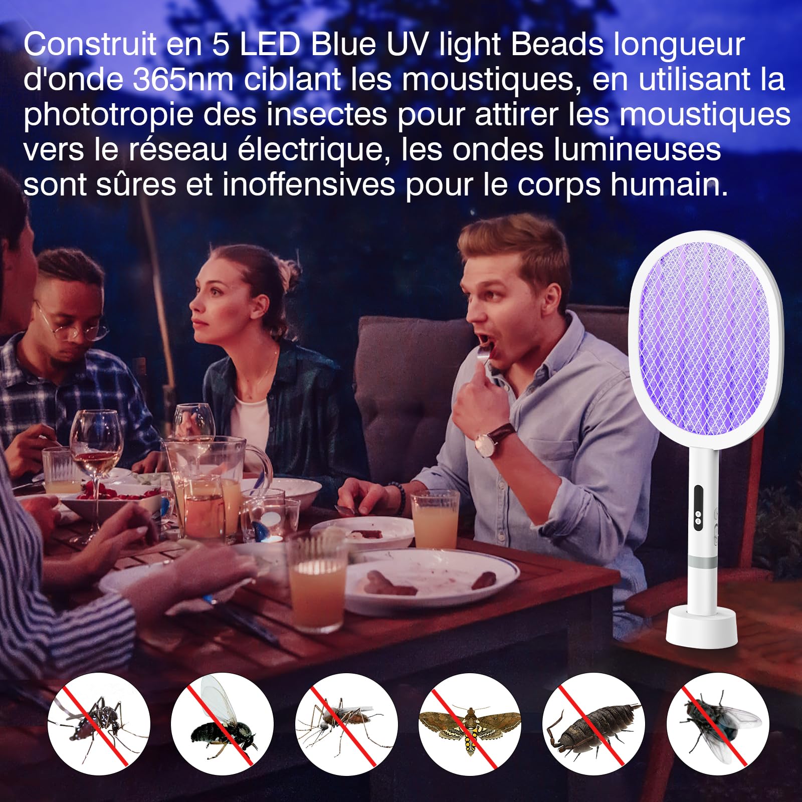 PALONE Raquette Electrique Insectes 1800mAH Chargement, Raquette Moustique Electrique Type-C Amovible, Répulsif Électronique Anti Moustiques et intenses, pour Intérieur et Extérieur (Blanc,1PC)