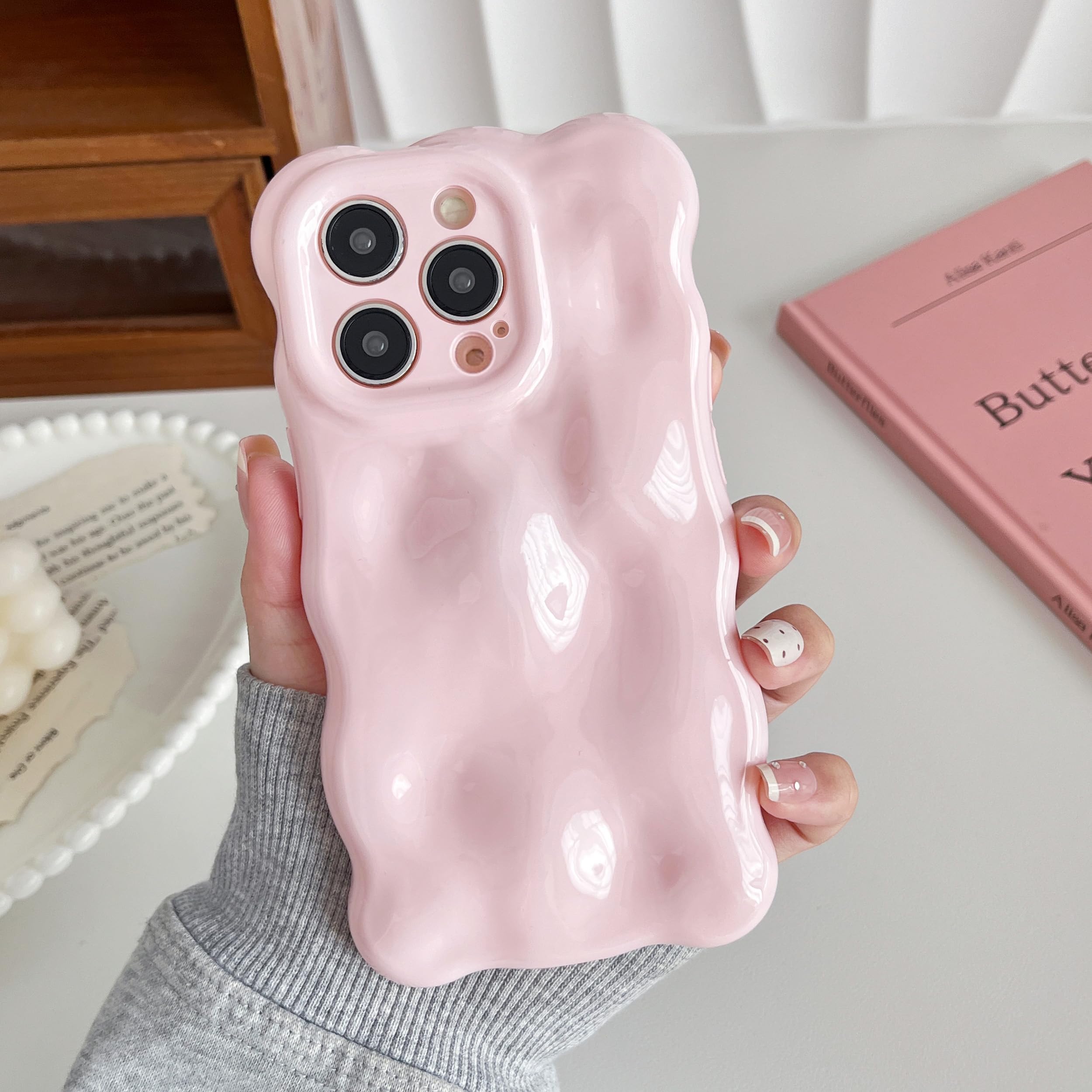 XIZYO - Custodia per iPhone 16 Pro da 6,3, con motivo carino a onde, custodia aesthetic 3D a forma ondulata, con glitter, in morbido silicone antiurto, rosa chiaro
