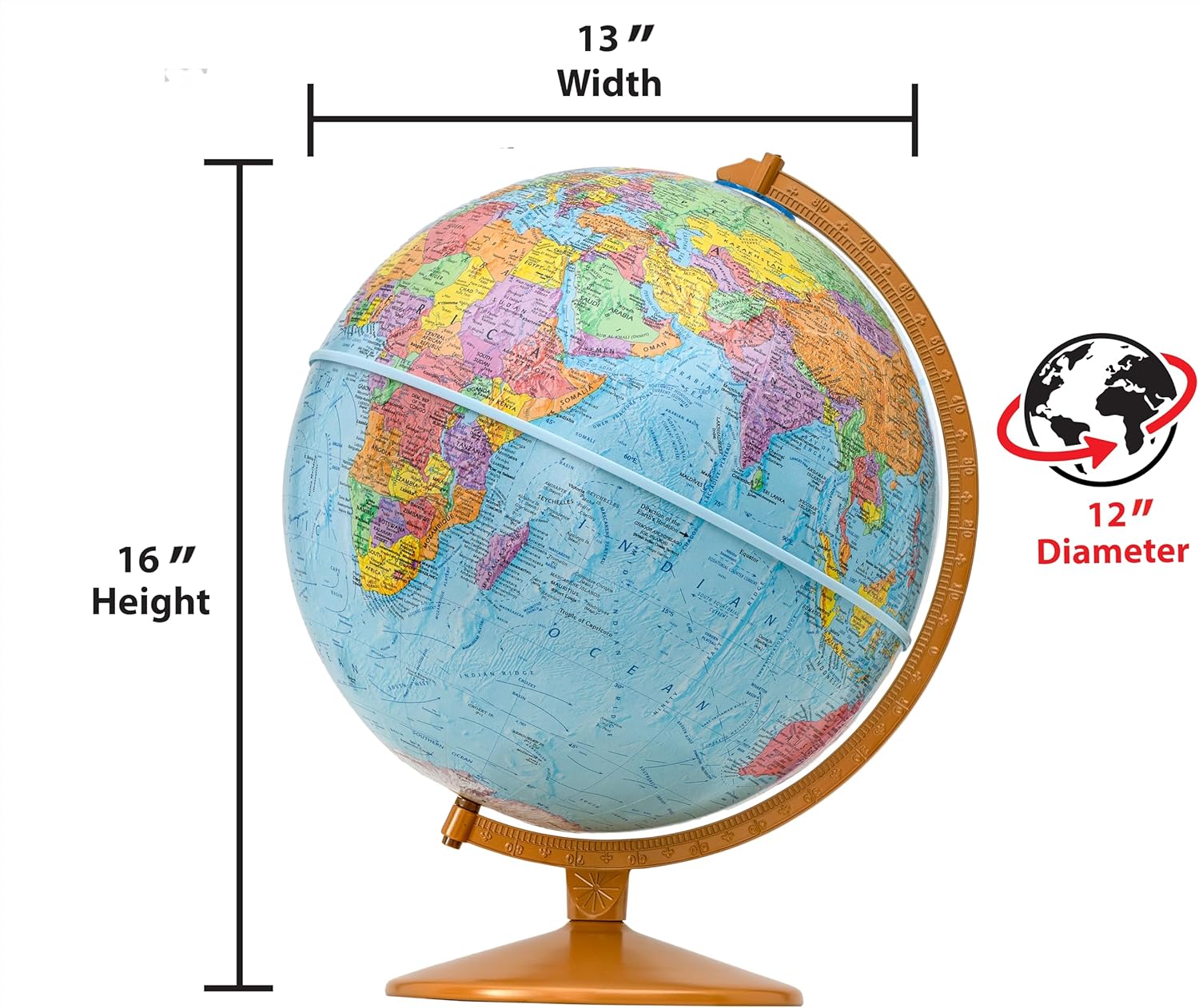 Explorer- Easy to Assemble 12" diameter, USA Cartography, Raised Mountains, Metal Base, Classic Educational Globe from Replogle. Perfect for students of all ages. Over 4000 place names and political boundaries. Includes sturdy diecast numbered semi-meridian. For a simple yet stunning look, choose the Explorer 12-inch Blue Ocean Raised Relief Desktop World by Replogle. The 16 inch height complements any computer desk, conference room table or bookshelf. This item is very easy to assemble and comes with detailed instructions. In minutes you will have this globe assembled and ready for use. (Ready To Assemble)