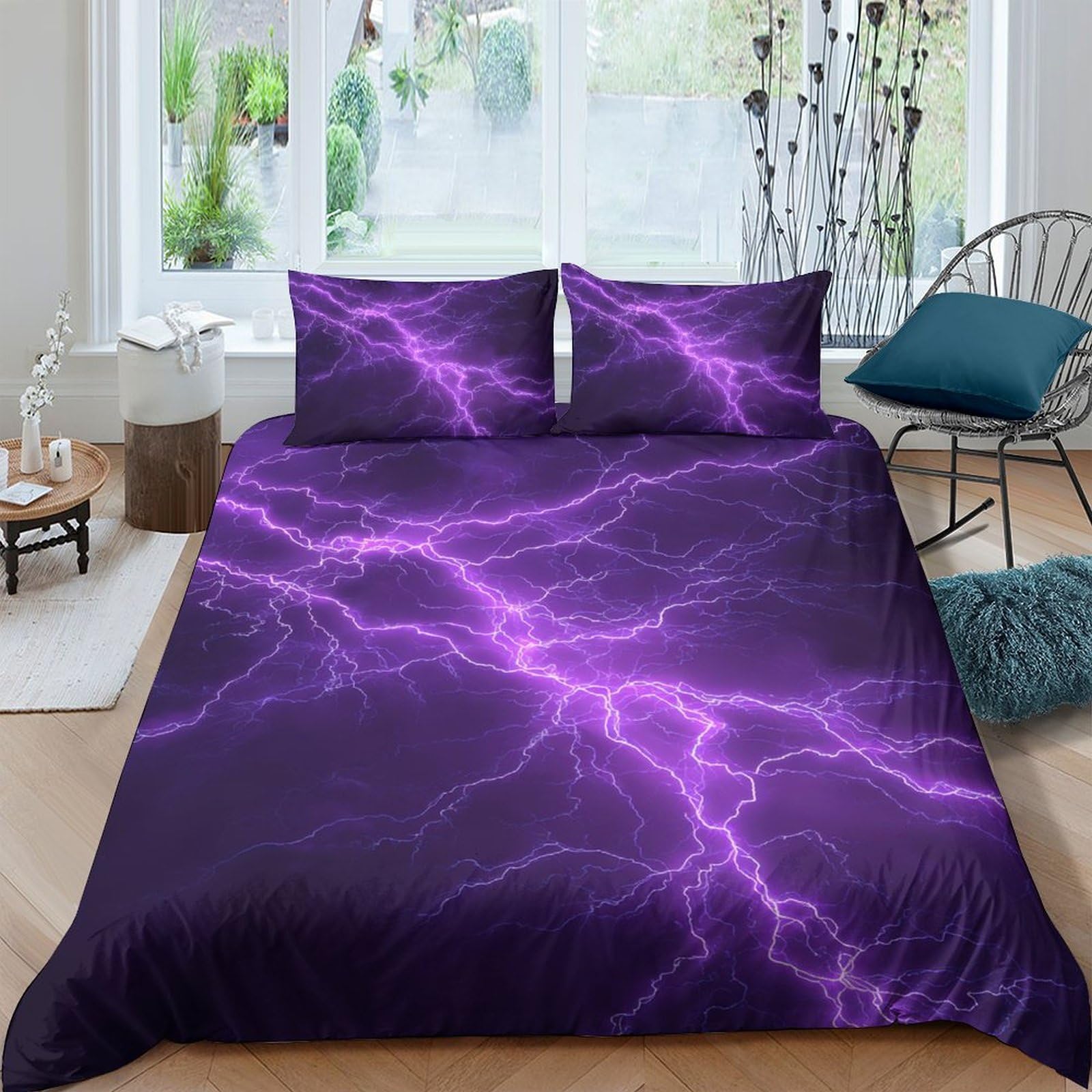 Ctjqhvkz Style-8 3D Printed Purple Lightning Fitted Sheet Microfiber Soft Anti-Slip Thunderstorm Mattress Cover Bedroom Decor Single（135X200cm）