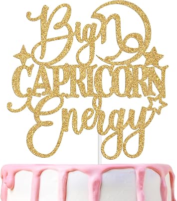 Big Capricorn Energy Cake Topper, Happy Birthday Capricorn in December/January, Capricorn Season, 12 Zodiac Constellation Theme Birthday Party Decoration Supplies, Gold Glitter