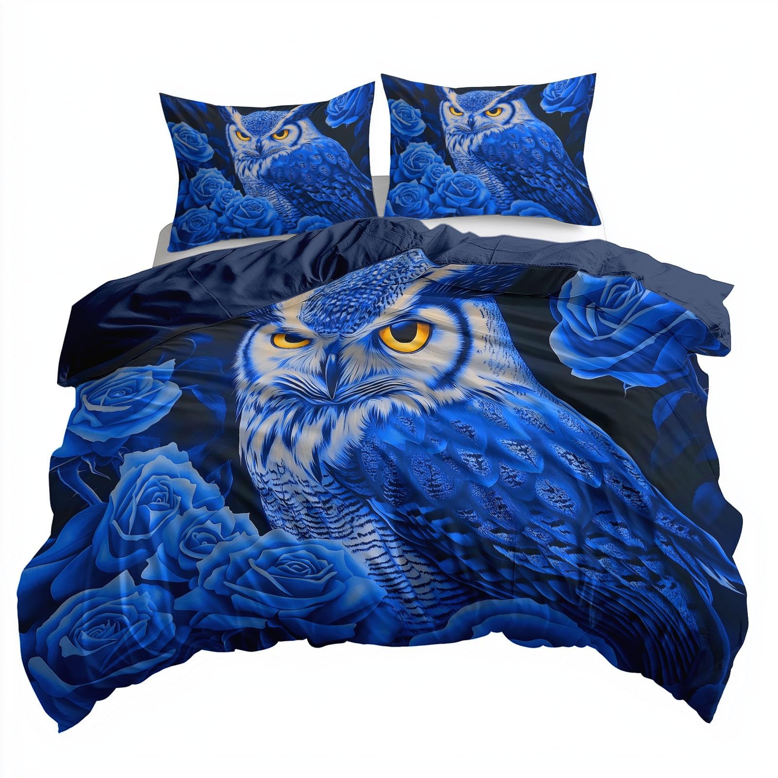 Poszwa na kołdrę 260x240 cm fantastyczna sowa z zestawem pościeli z różami, głęboki niebieski poszwa na kołdrę 2 osoby oddychająca mikrofibra z zamkiem błyskawicznym 2 poszewki na poduszki