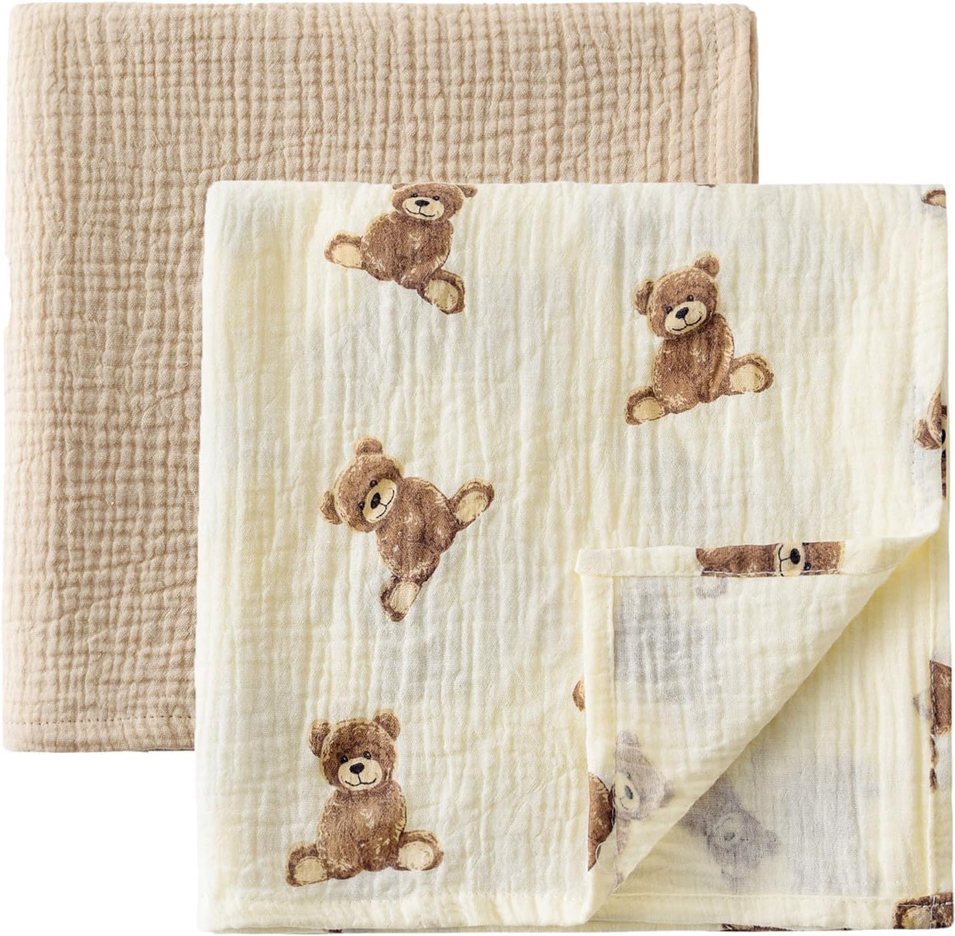 Little Jump 2-Pack Cotton Muslin Swaddle Blankets for Baby Boys Girls Unisex - Large 47" x 47" Boho Teddy Bear Baby Blanket Nursery Swaddling Blankets- inches Receiving Blanket Neutral (Teddy Bear)