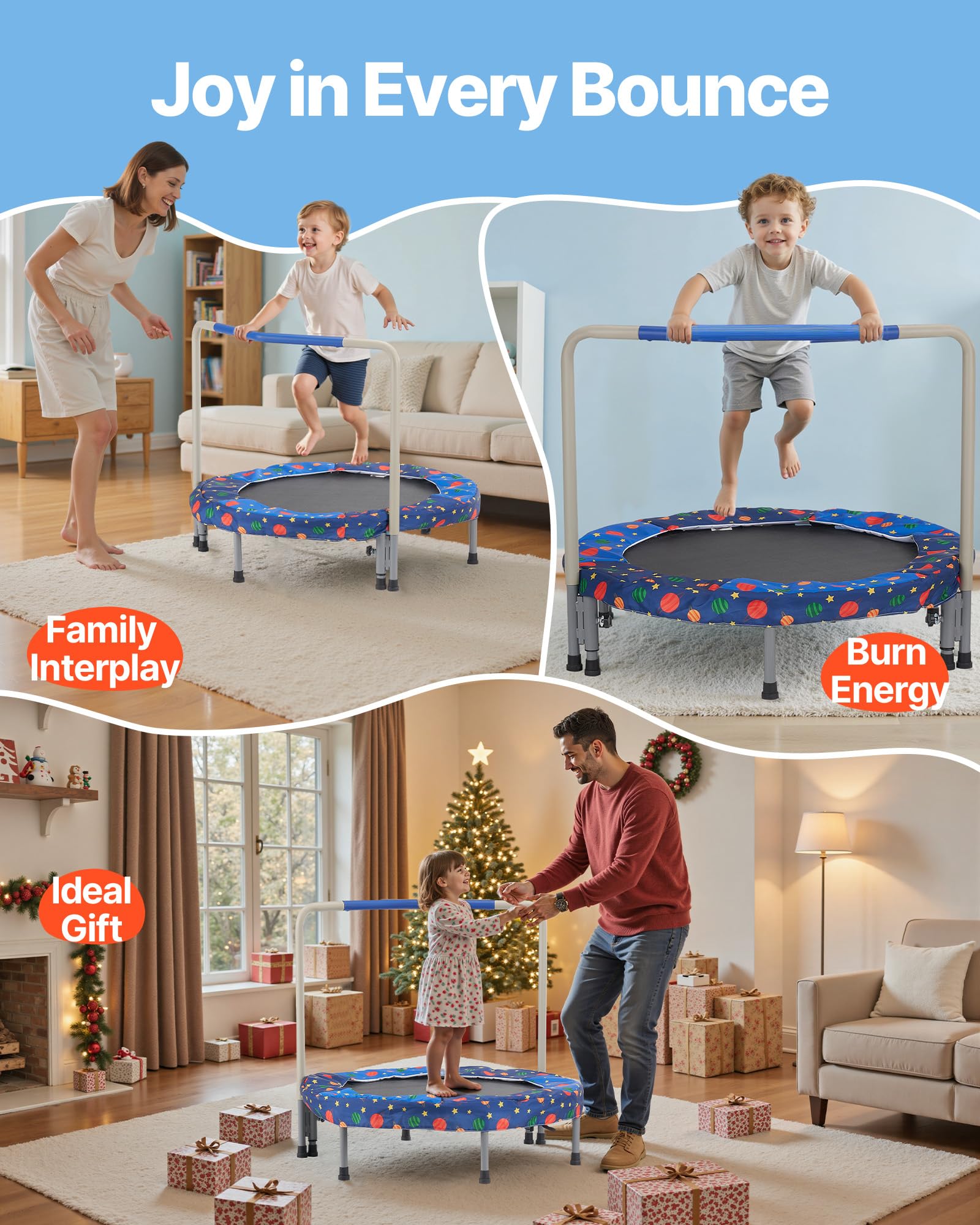 VEVOR Trampolino per bambini da 91,4 cm, 0,9 m, per interni ed esterni, mini trampolino pieghevole con manico, rimbalzo, regalo di compleanno per bambini dai 3 anni in su, ragazzi e ragazze per
