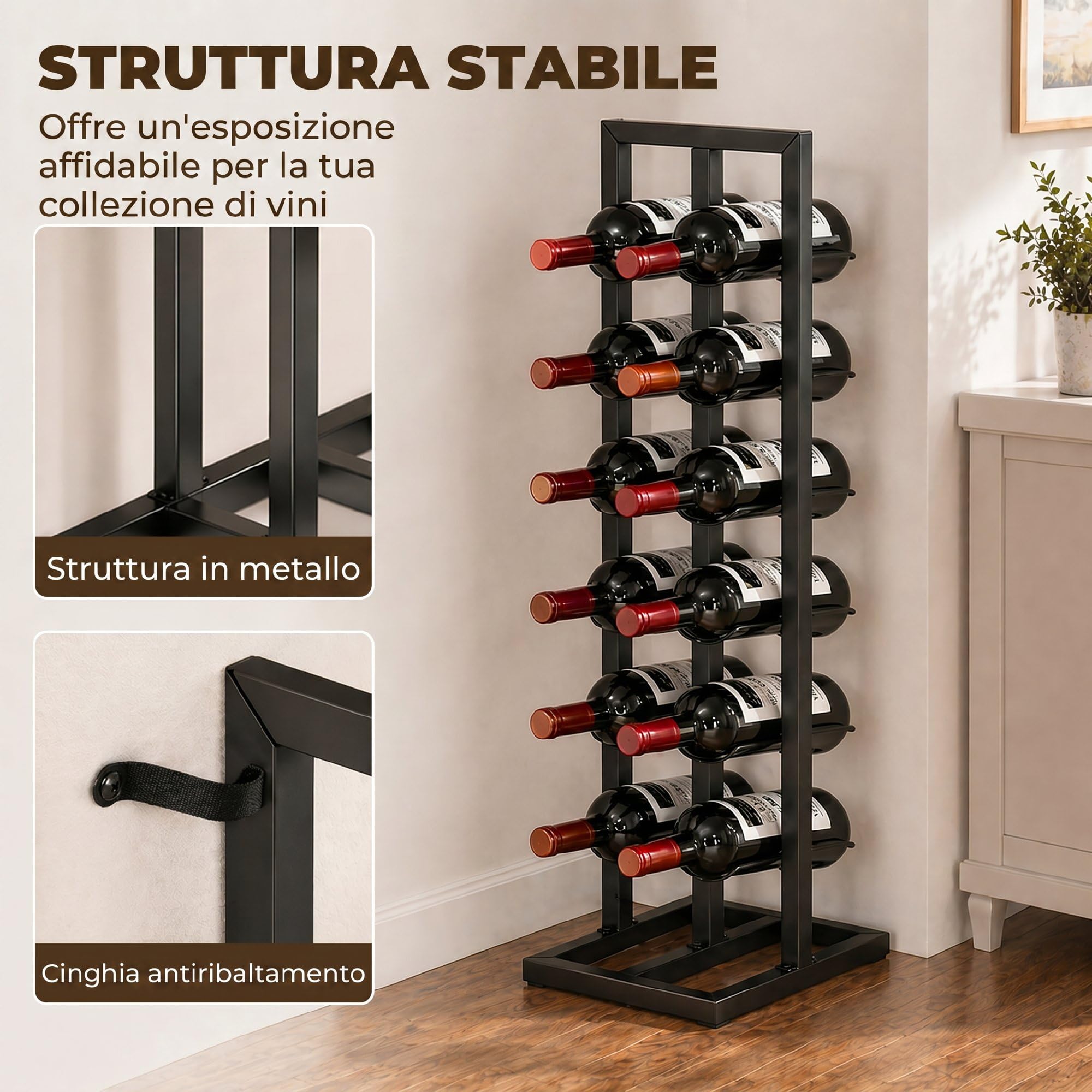 HOMCOM Portabottiglie da Terra per 12 Bottiglie con Cinghia Antiribaltamento, Porta Bottiglie di Vino Industriale in Acciaio, Salvaspazio per Cucina, Sala da Pranzo, Bar, Nero