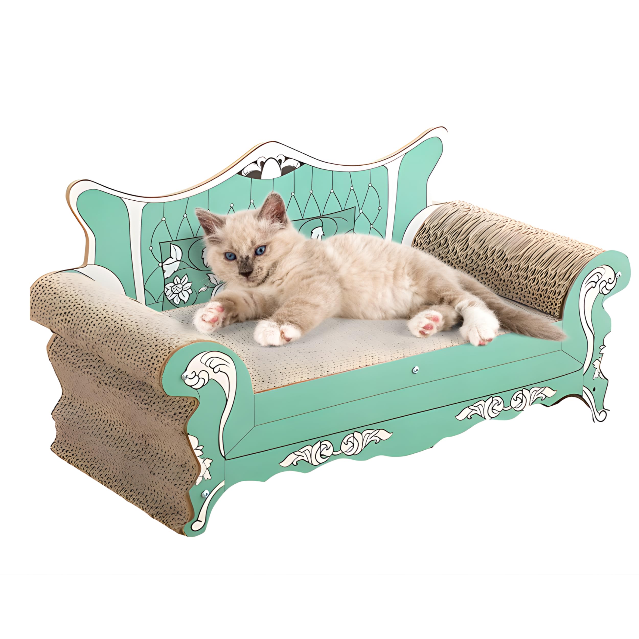 Deccart Katzenbett Grün aus Karton mit Kratzpappe - Katzensofa als Schlafplatz für drinnen - Dekoratives Kratzmöbel zur Krallenpflege und Entspannung für Katzen