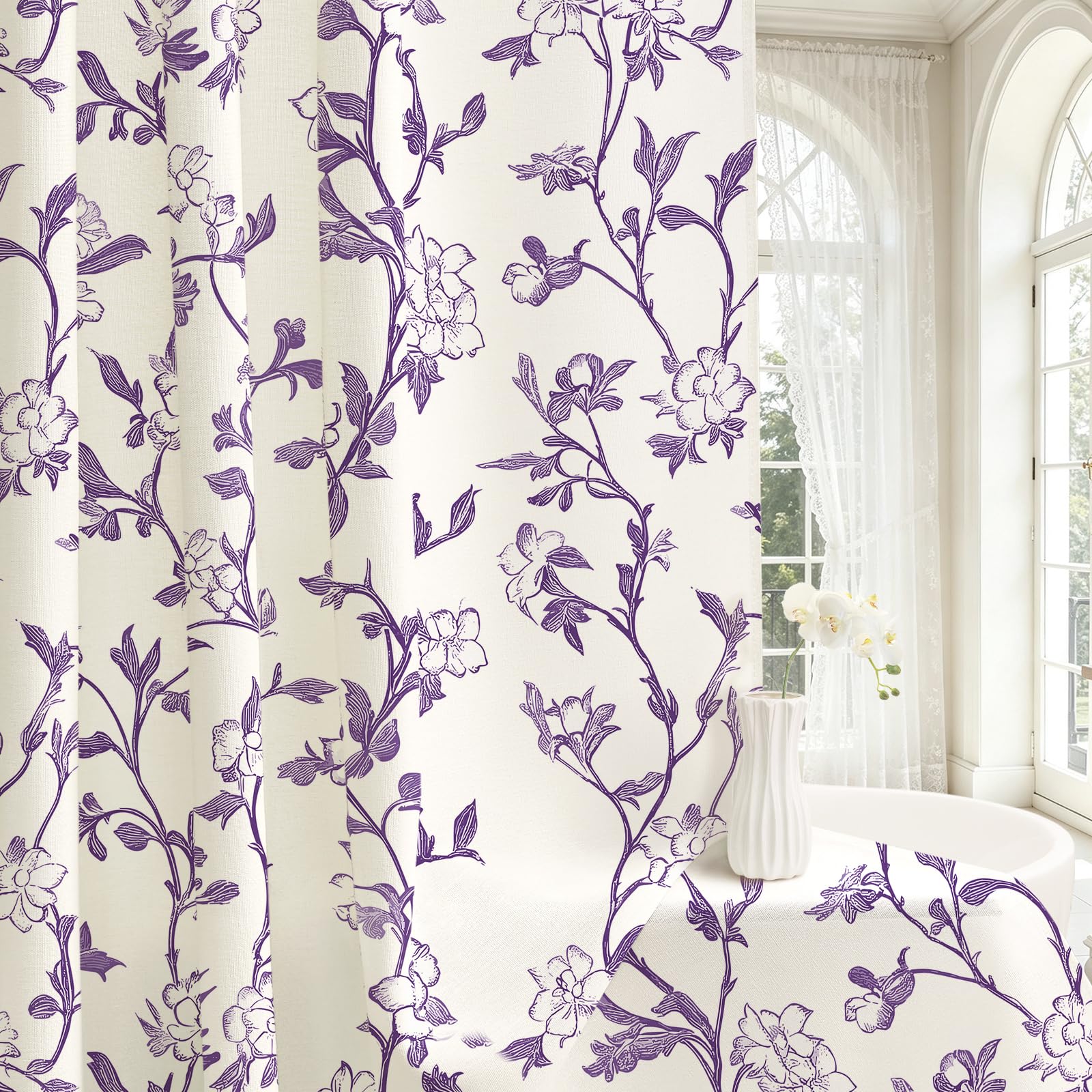 Gibelle Purple Floral Cotton Shower Curtain, Cottage Farmhouse Style, 72x78