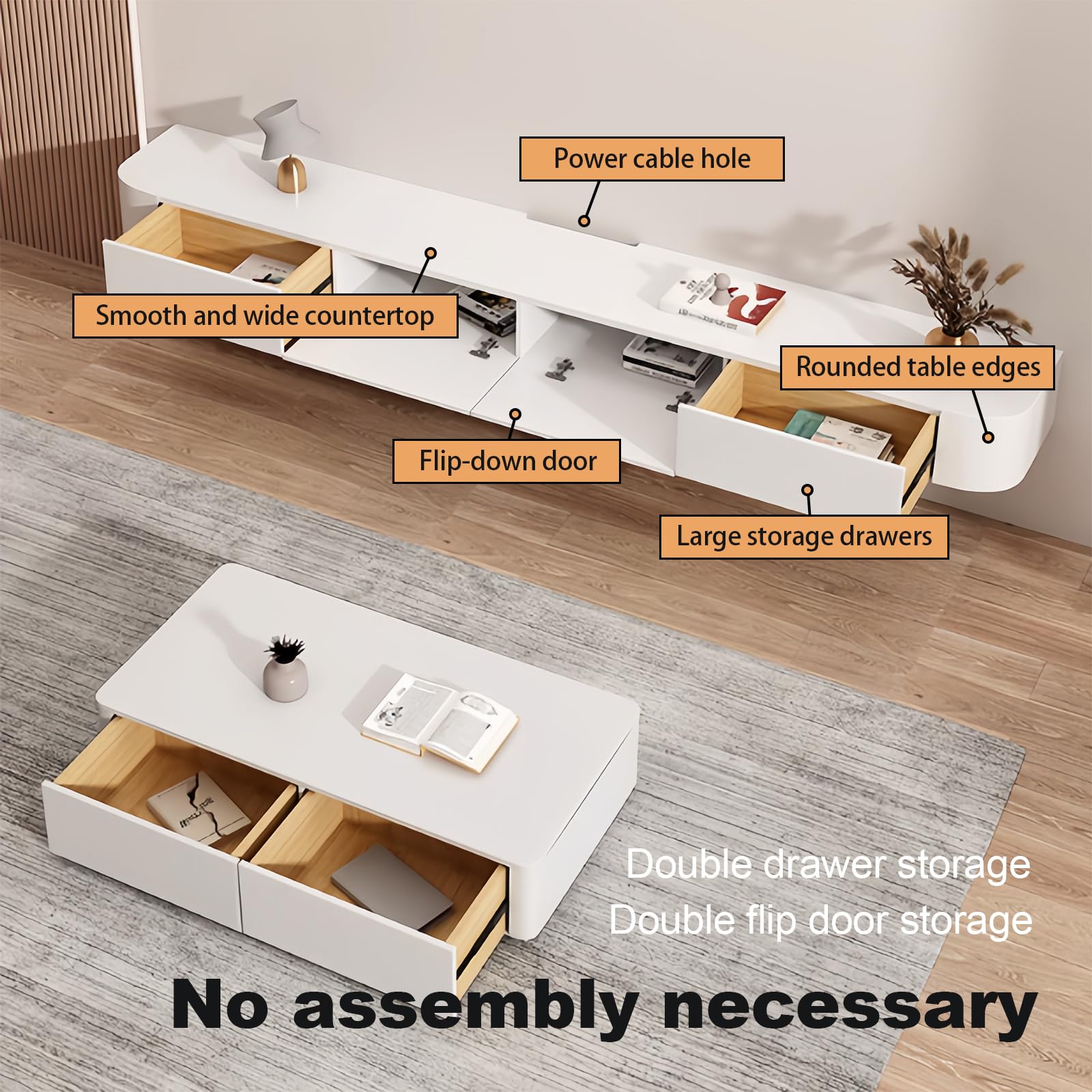 Ecoxsnz Schwebender TV-Ständer 260cm - Wandmontierte TV-Konsole Mit Schubladen, Massivholz Weiß