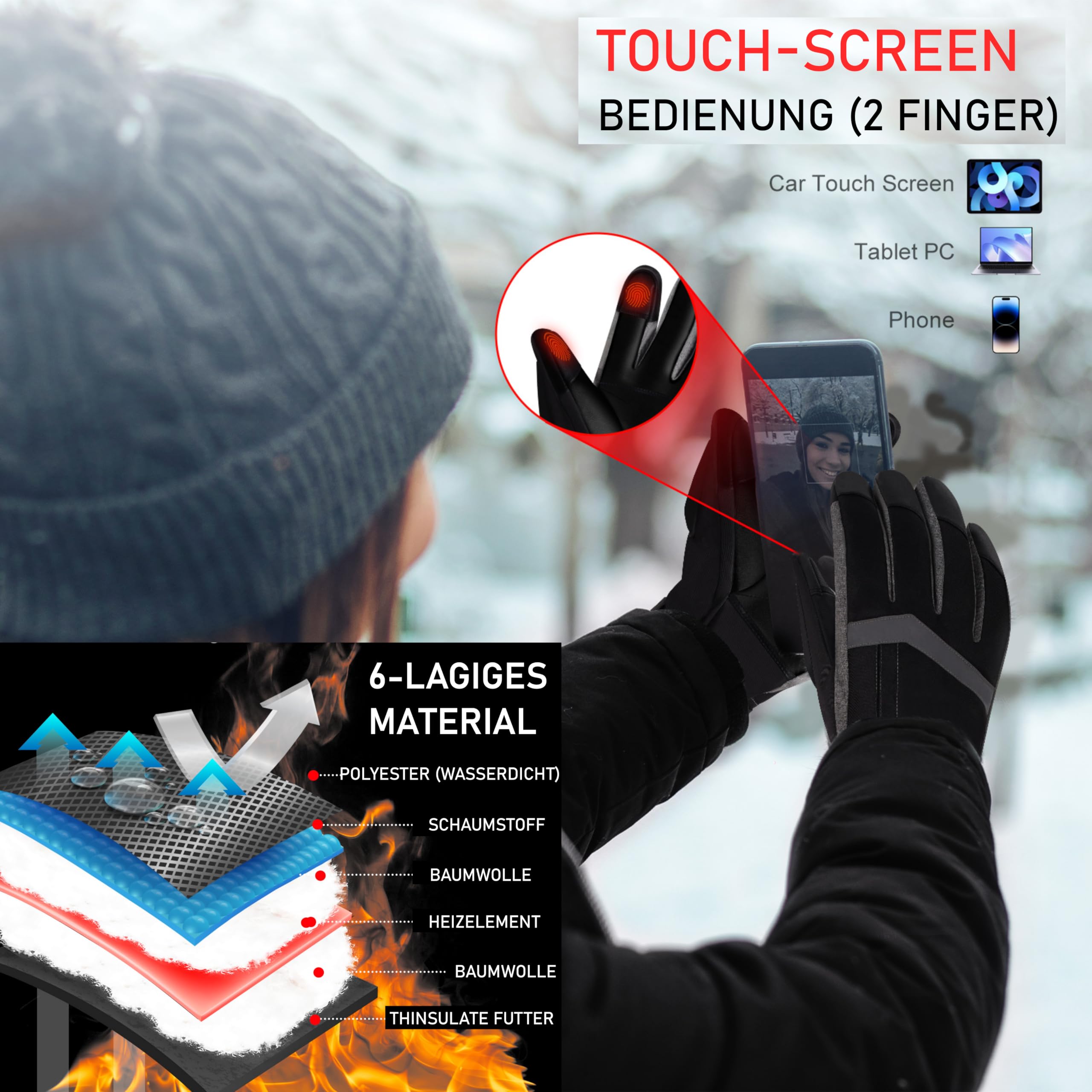 SOUCCESS Beheizbare Handschuhe – 6000 mAh Akku, 3 Heizstufen, Wasserdicht & Winddicht, Touchscreen-kompatibel, Unisex Thermo-Handschuhe für Skifahren, Motorrad, Angeln, Outdoor & Alltag