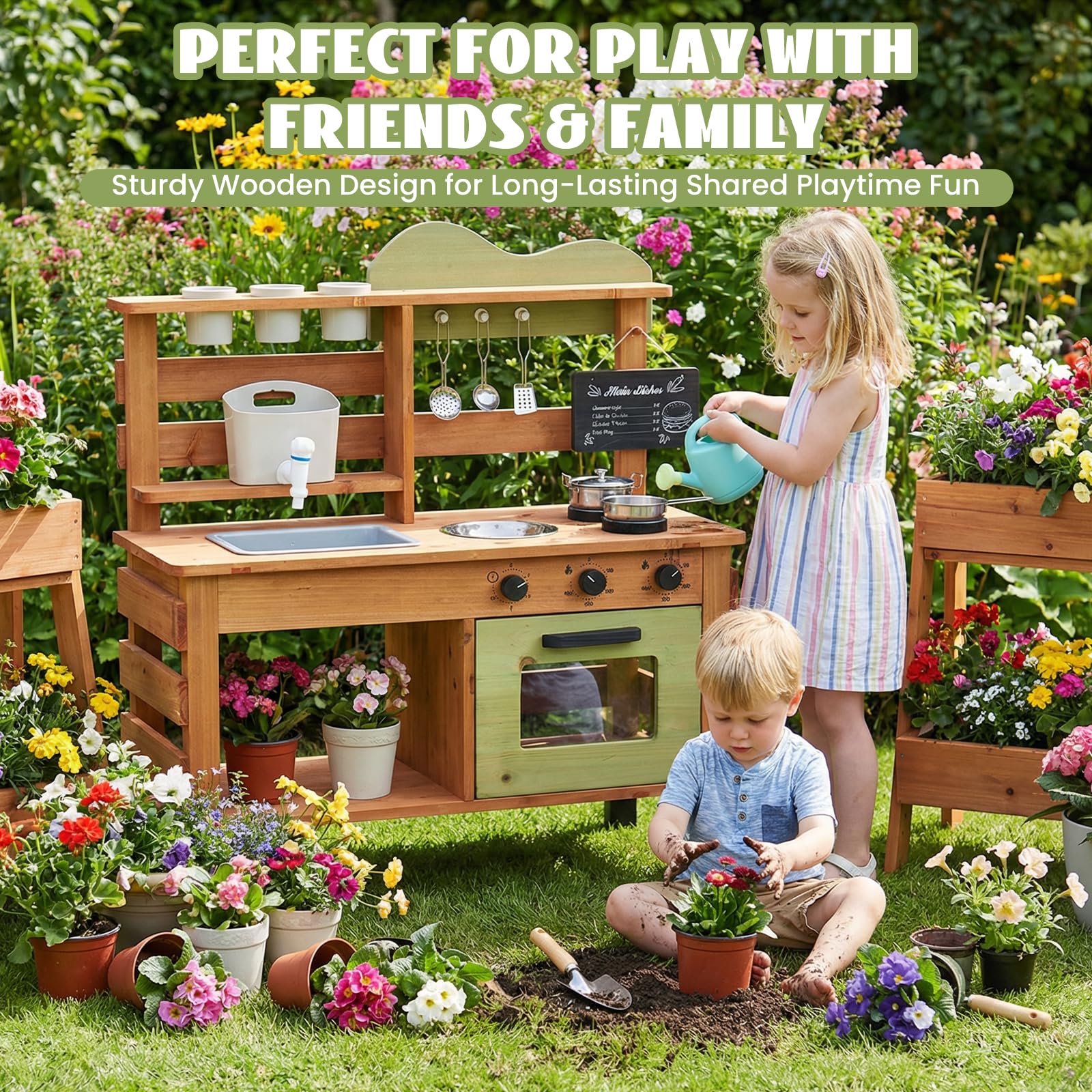 WoodenFun Cocina de juego para exteriores, cocina de jardín, cocina de barro para niños, con pizarra, hervidor de agua, fregadero, recipiente para plantas de madera, cocina infantil (verde)