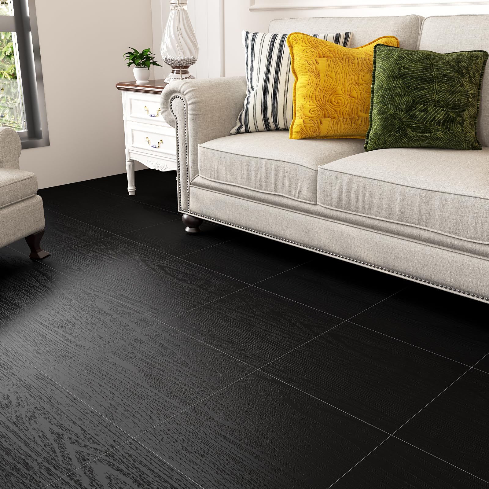 VaryPaper Pavimento in PVC Effetto Legno Nero 30cmx30cm 20 Pezzi Parquet Laminato Pavimento PVC Adesivo Soggiorno Camera Letto Piastrelle Adesive Bagno Impermeabile Adesivi per Piastrelle Cucina