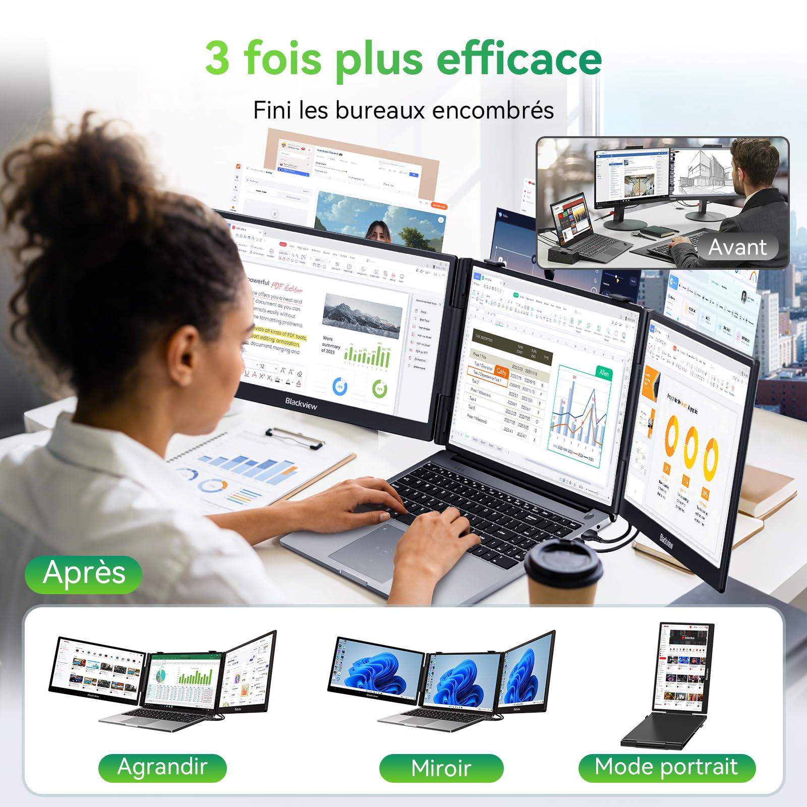 Blackview DCM5 Double Ecran PC Portable 14" FHD 1080P IPS Certifié TÜV Multi Triple Ecran PC Extension Ecran pour 13-17,3" Ordinateur Portable Compatible avec Mac, Windows, Chrome, Android