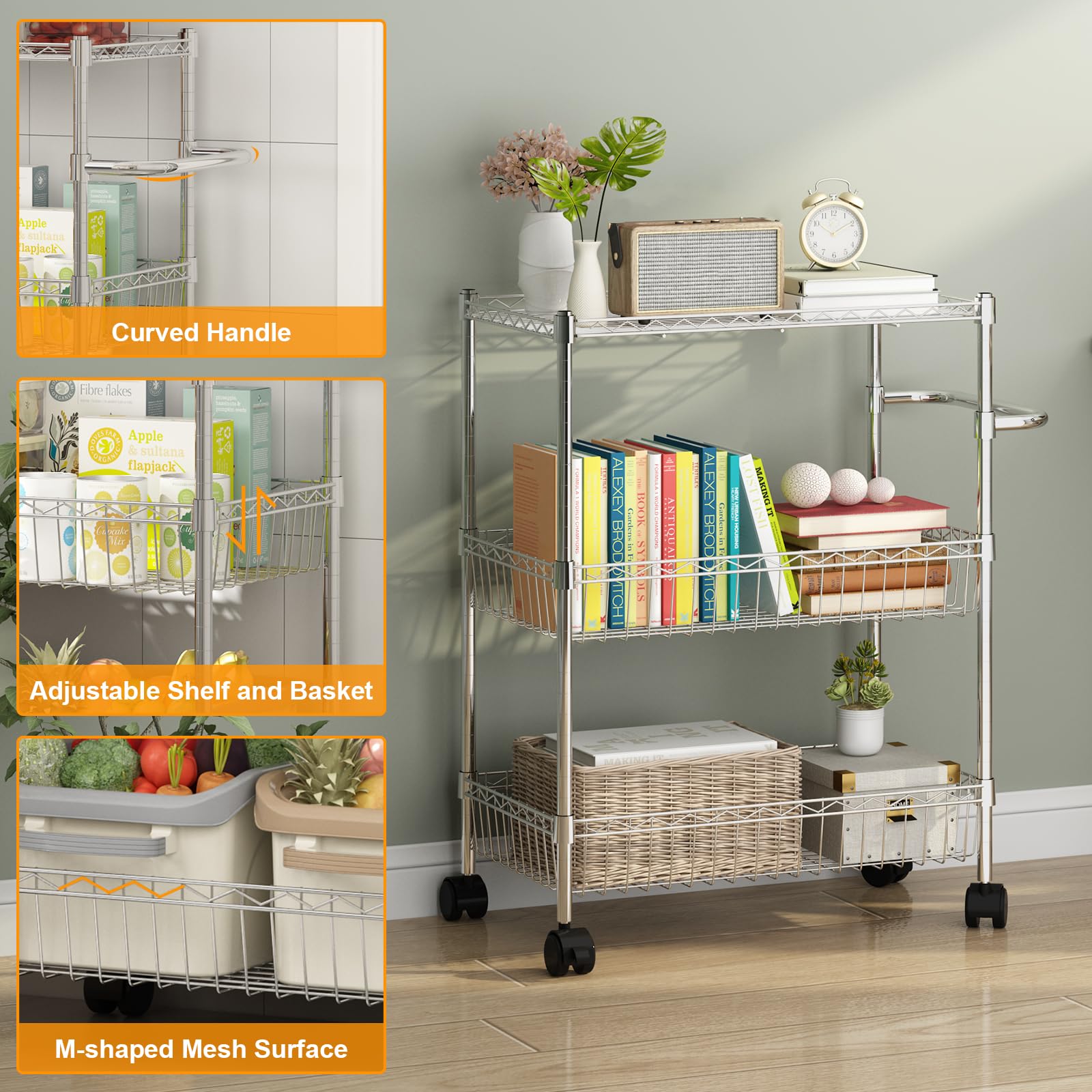 Garvee Carrito Auxiliar de Cocina con Ruedas de Hierro 3 Niveles Plateado