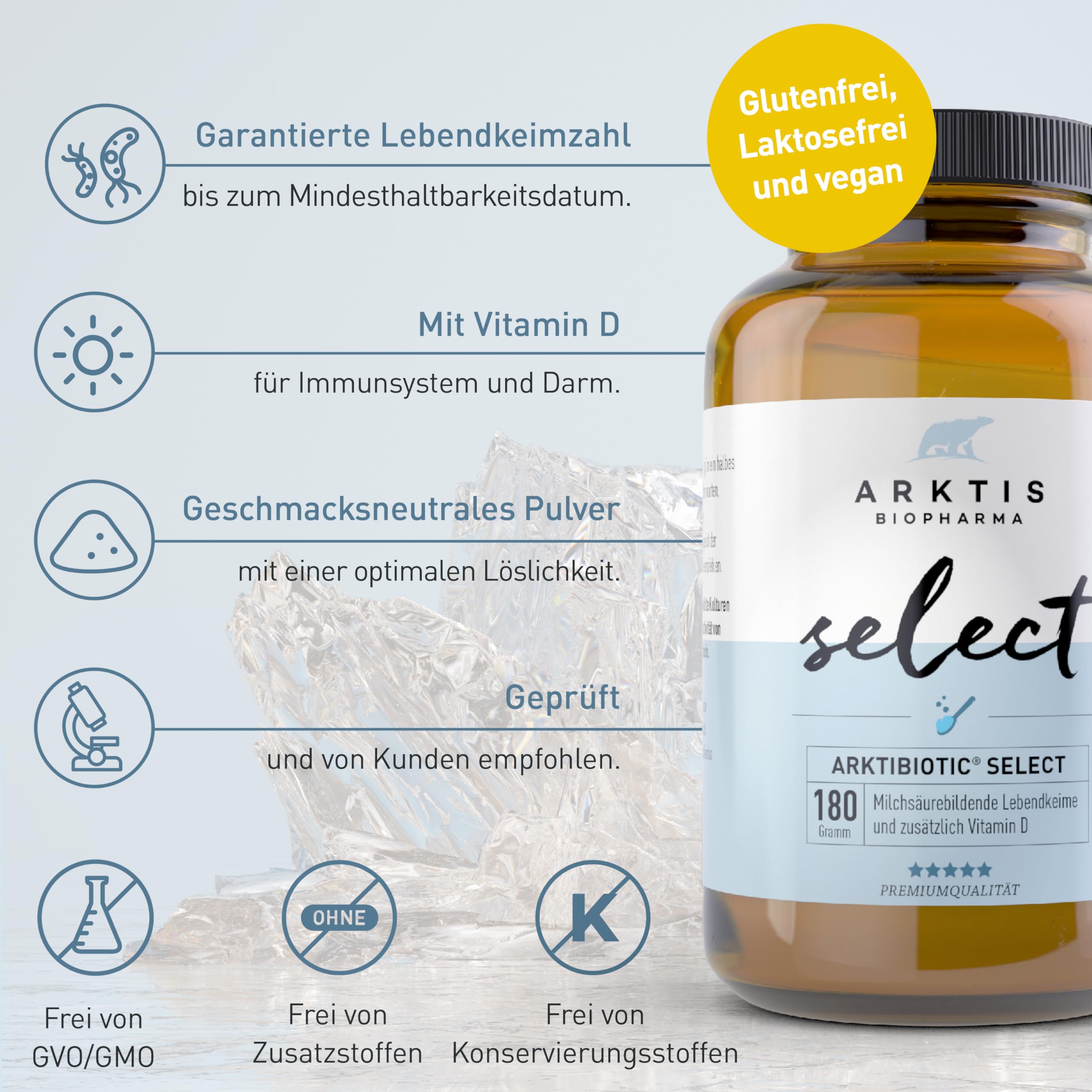 Arktibiotic Select 180g Probiotika mit 6 Lactobacillus-Kulturen + Vit D | Milchsäurebakterien für die Darmkur nach Antibiotika-Therapie
