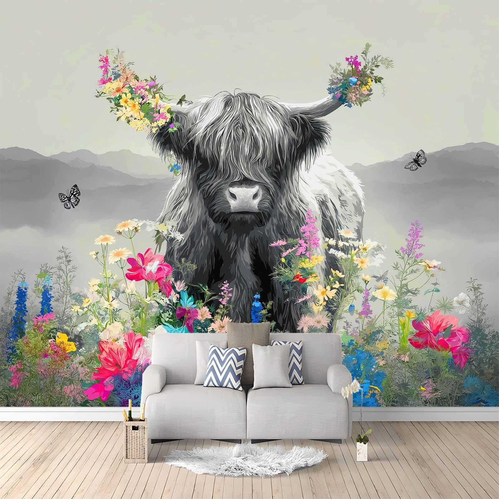 Générique Panoramiczna tapeta Yaks Champs Kwiaty Zwierzęta Łąki 350 x 256 cm, dekoracja ścienna z włókniny, dekoracyjna dekoracja ścienna do salonu, łazienki, pokoju dziecięcego, ciemnoszara