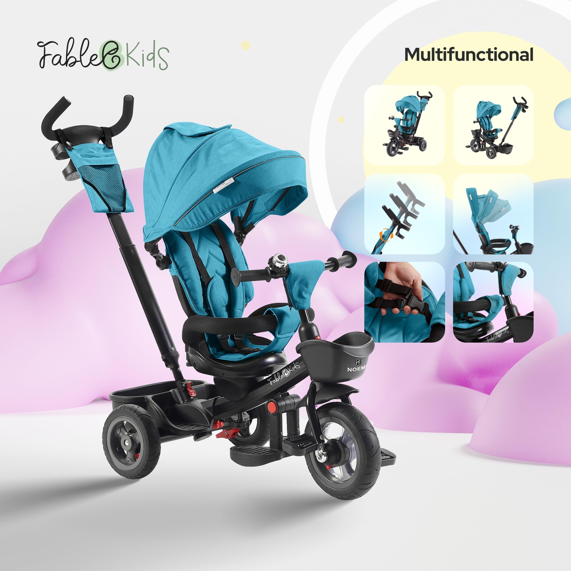 FableKids Noemi Rowerek trójkołowy 5w1 z drążkiem od 18 miesięcy do 25 kg | do przodu i do tyłu | opona PU | przestronny wolnobieg | kosz | torba | uchwyt na kubek | Turkusowy