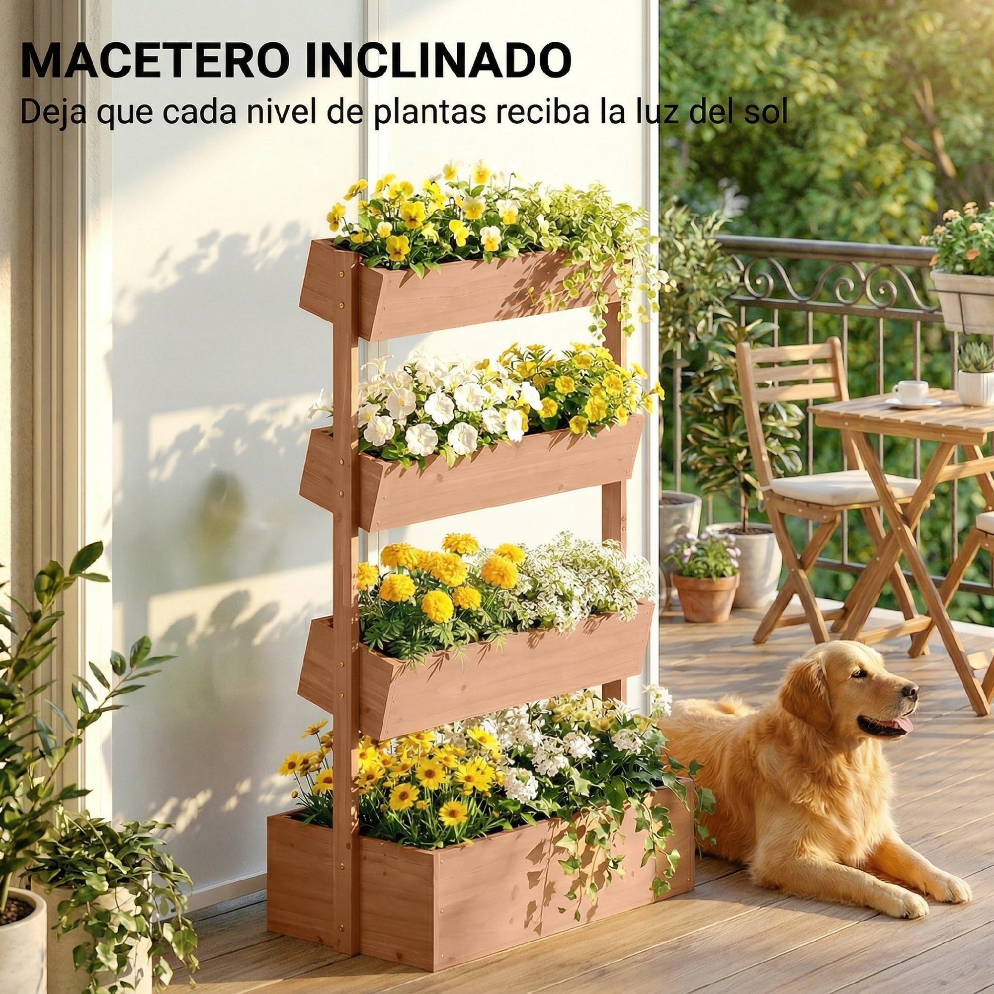 Outsunny Jardinera de Madera de 4 Niveles, Jardinera Exterior Elevada con Orificios de Drenaje y Tela no Tejida, Macetero para Cultivos, Plantas, Flores, para Terraza, Jardín, 85x45x140 cm, Marrón