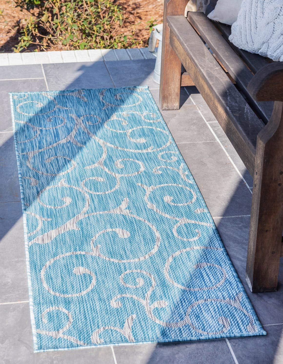 Light Aqua and Ivory Flat Woven Outdoor Runner Rug