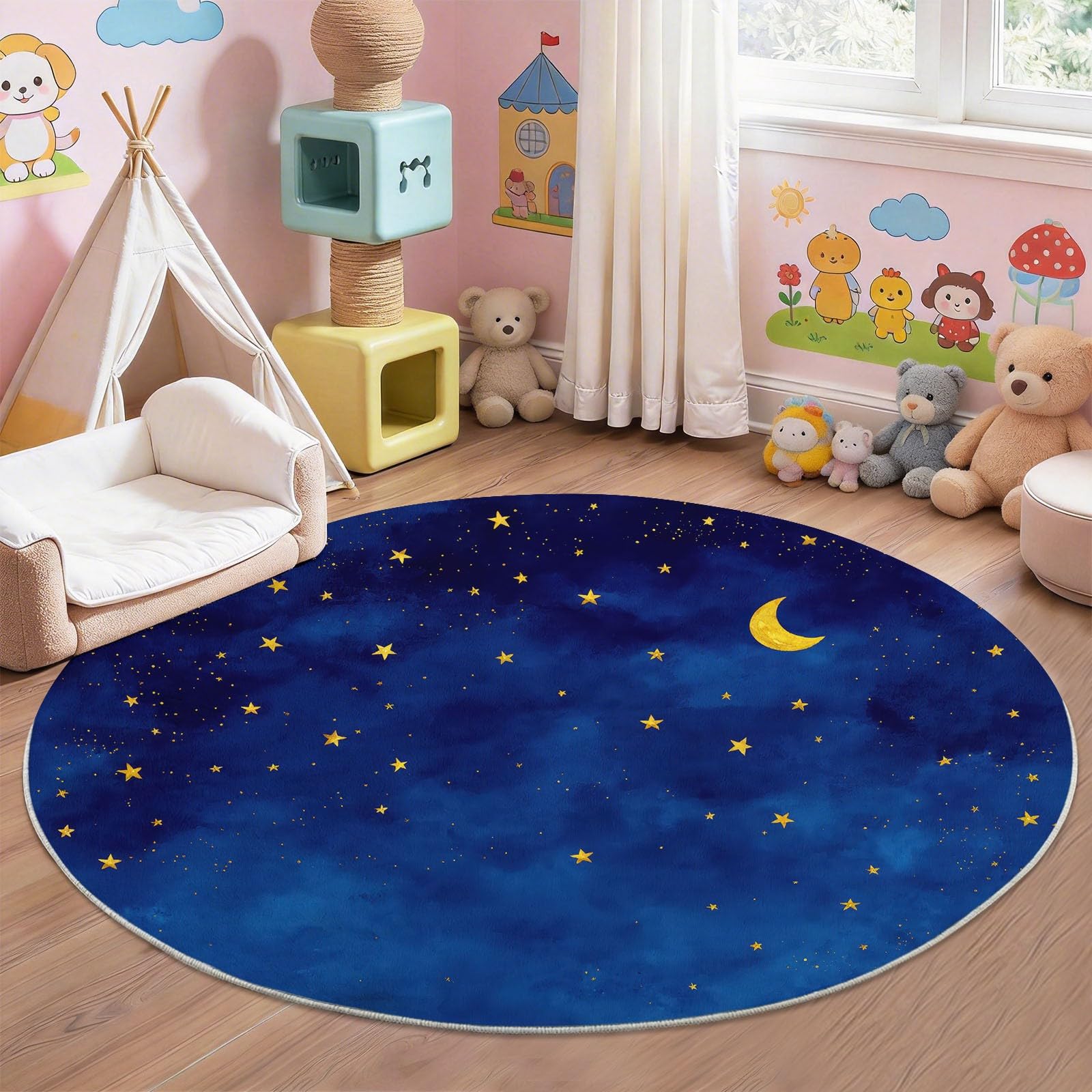 Générique Lune Tapis Rond Enfant 120 cm, Bleu Foncé Lavable & Antidérapant, Tapis de Jeux Doux Minimaliste Aquarelle Ciel Étoilé pour Chambre Bébé & Nurserie