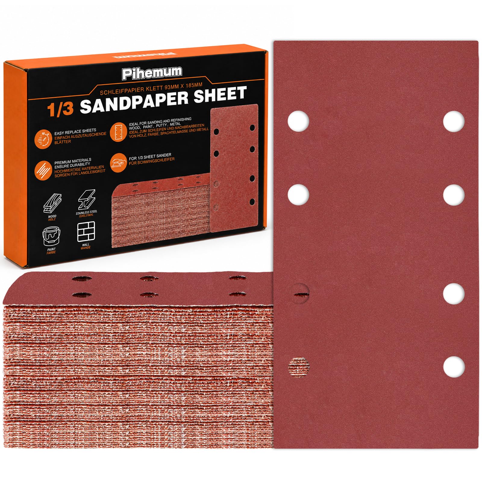 Pihemum 80 PCS Sanding Sheets 93 x 185 mm Grit 320 Hook and Loop Sanding Pads Sandpaper 8 Hole for Electric Sander