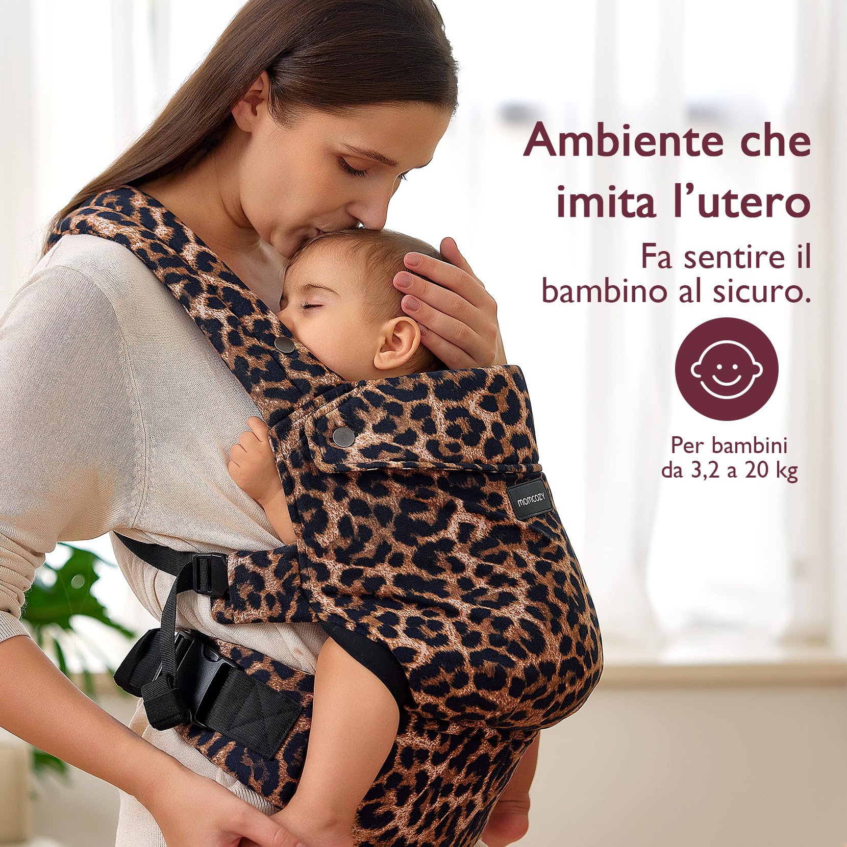 Marsupio Momcozy - Ergonomico, confortevole e leggero, per bambini da 3 a 20 kg(3-24 mesi), facile da indossare, ideale per genitori a mani libere, Leopardo