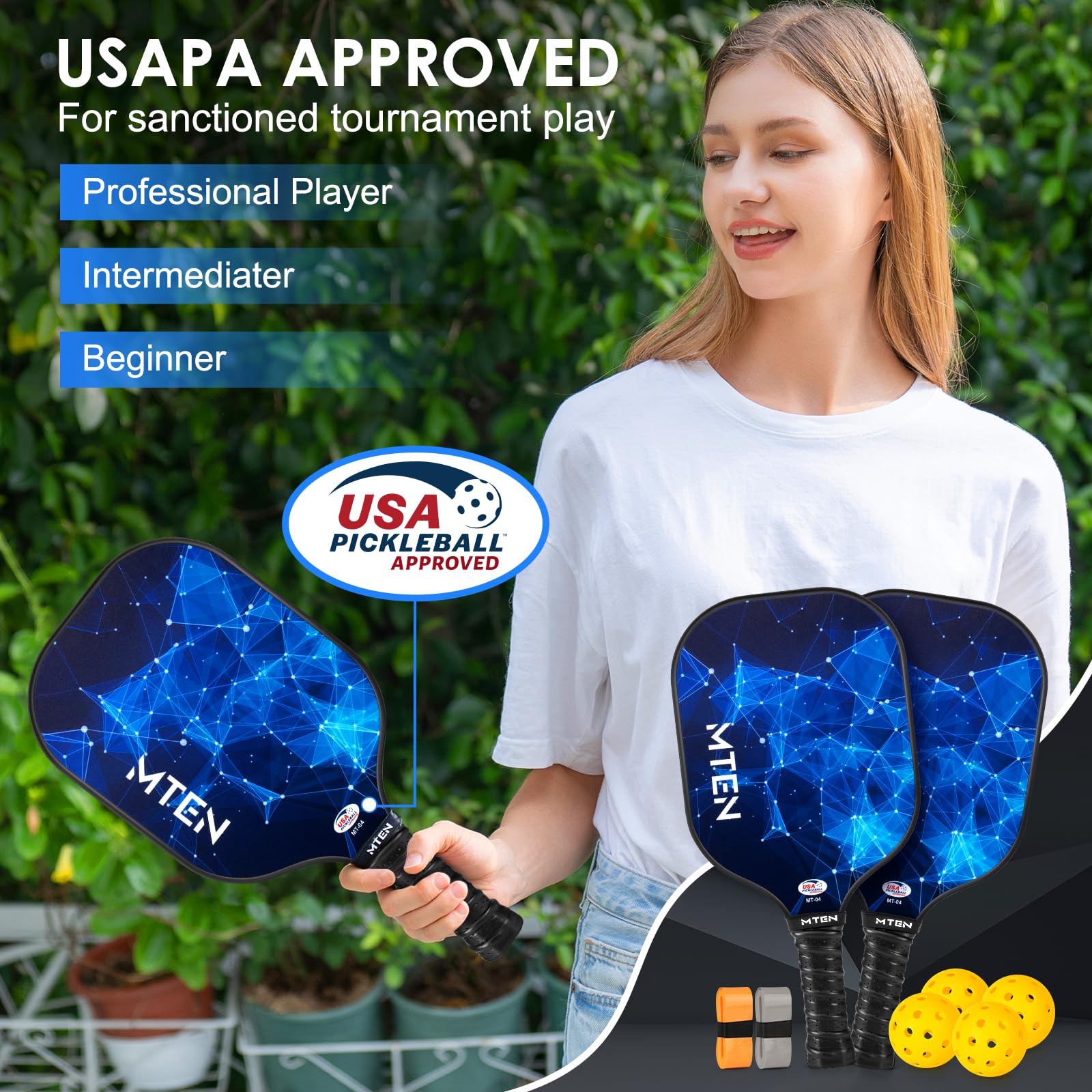 MTEN Pickleball Paddles Set of 2, USAPA Approved Fiberglass Surface Pickleball Set with 2 Pickleball Rackets, Pickle Ball Paddle Set ​for Beginners & Pros