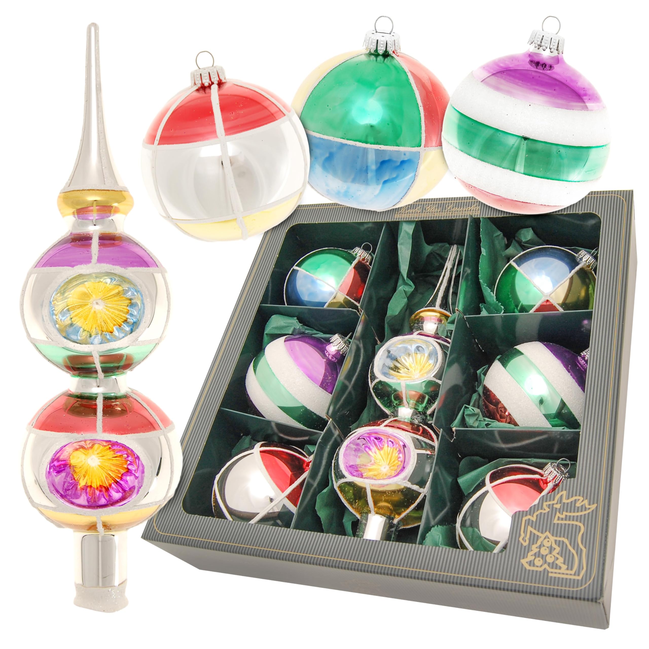 Krebs Glas Lauscha - Dekoracja bożonarodzeniowa/ozdoba choinkowa ze szkła - asortyment szklanych kulek z podwójną końcówką - motyw: retro - rozmiar: 8 cm