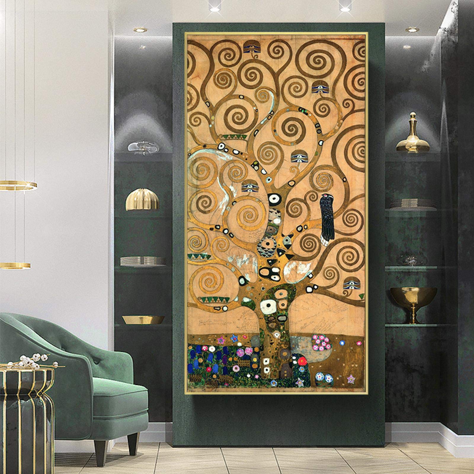 Gustav Klimt obraz olejny z drzewem życia na płótnie, plakaty i wydruki, szczęśliwa sztuka ścienna, obrazy artysty do salonu, dekoracja domu, 60 x 120 cm, z ramką
