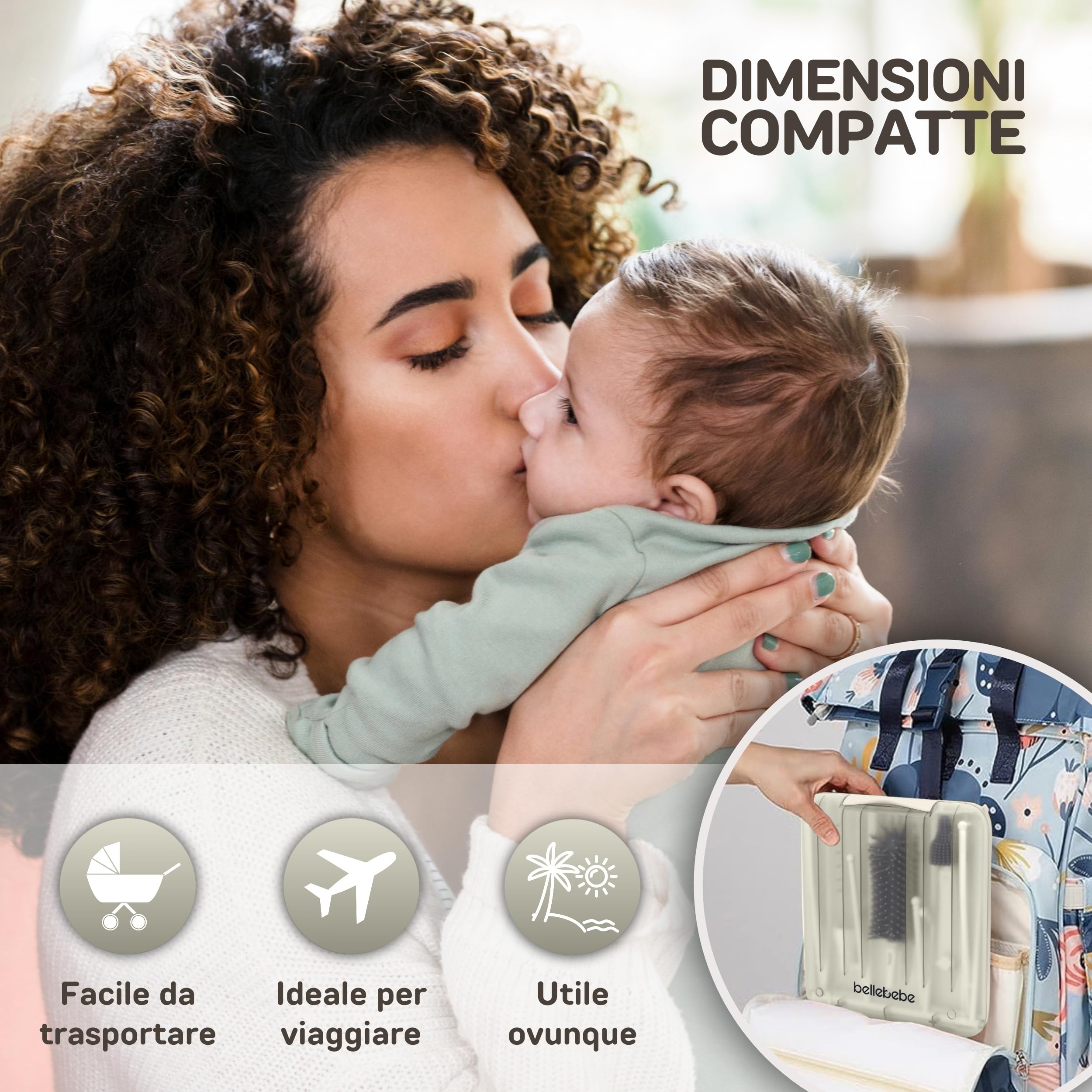 BELLEBEBE Set Escurre Biberones con Limpia Biberones - 6 en 1 Kit Cepillo con Escurre Plegable - Portátil - Transportable - Regalo para Bebé - SIN BPA - Beige