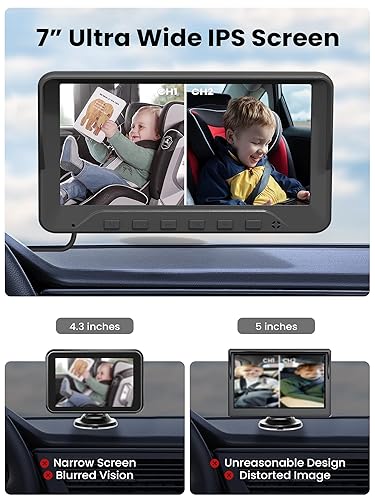 Miniatura 3 de GROWNSY Monitor de bebé con cámara dual para automóvil, 7 pulgadas, 1080P AHD para 2 niños, espejo de asiento trasero para bebé con visión nocturna