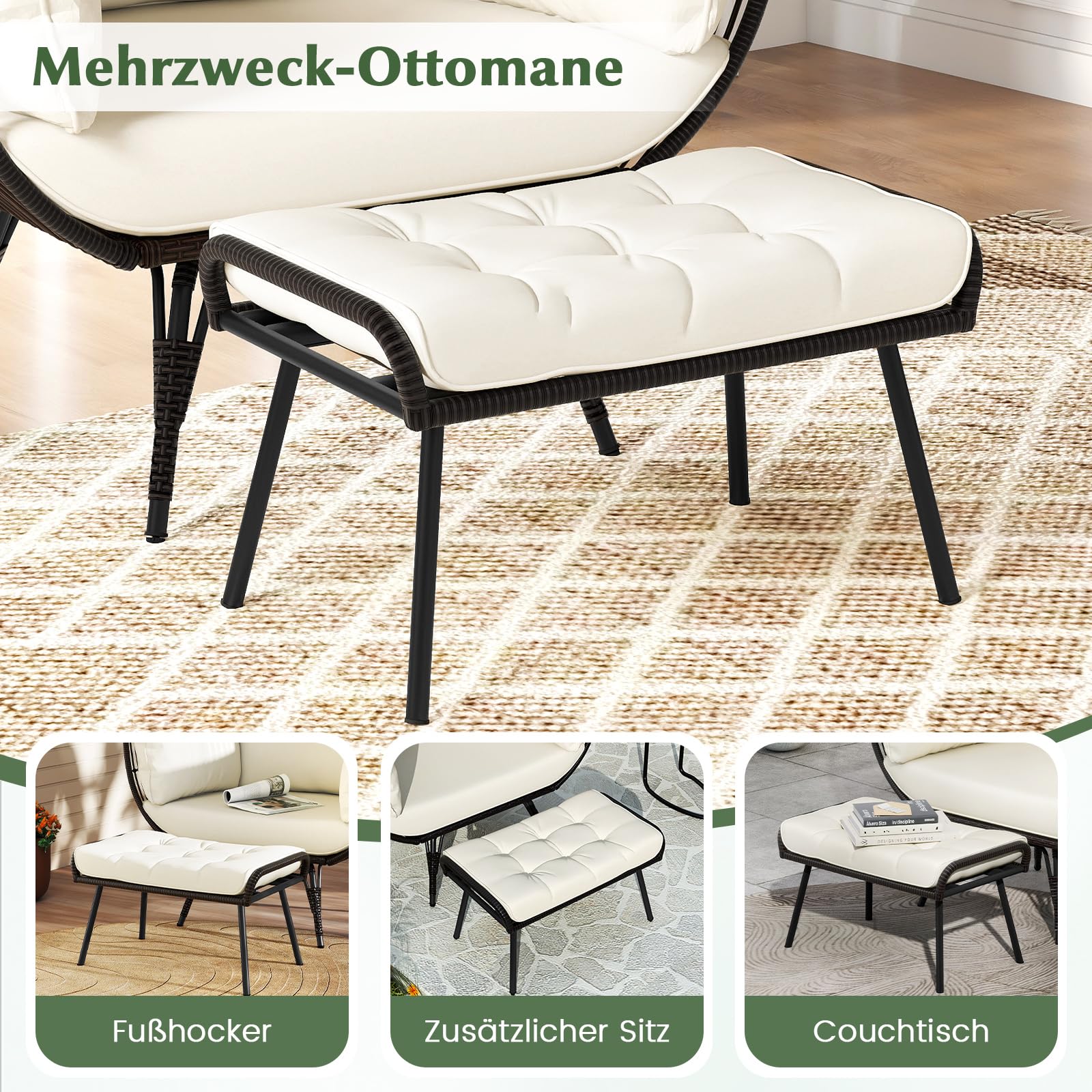 COSTWAY Fotel wiklinowy, rattanowy z taboretem, bardzo duży fotel ogrodowy z poduszkami i metalowym stelażem, fotel rattanowy XXL, fotel wypoczynkowy na balkon, do ogrodu, na taras, do salonu