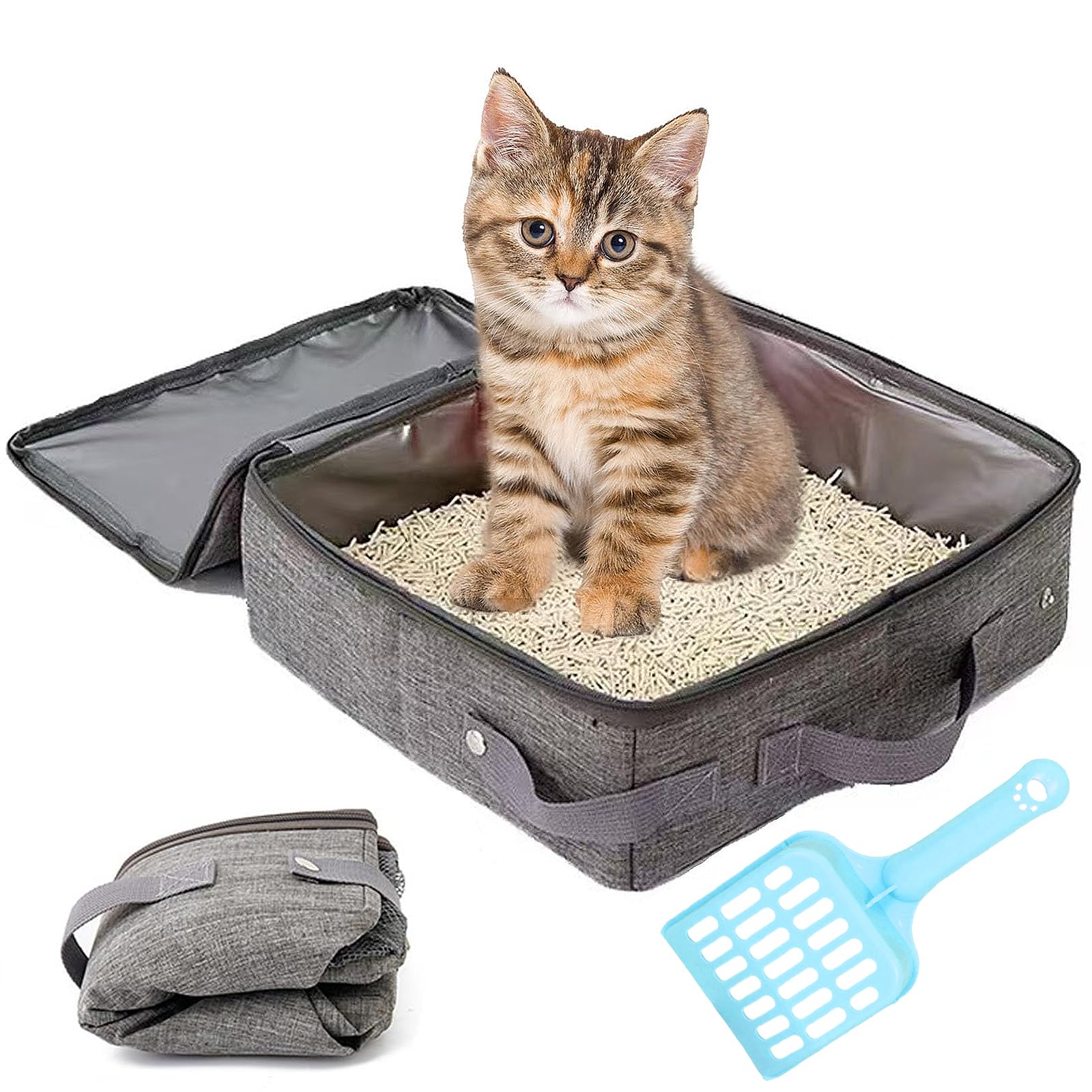 Arenero Gato, Arenero Cubierto Plegable con Pala, Bandeja Higiénica Portátil Antifugas Fácil Limpieza, Cagadero para Gatos Grandes y Pequeños, para Viajes Coche Exteriores, 40x30x15 cm, Gris