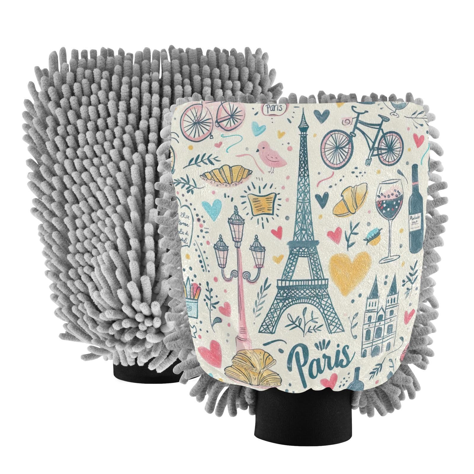 Kigai Cartoon Eiffel Tower Car Wash Mitt Microfiber, 2Pcs Scratch Free Lint-Free, Premium Chenille Microfiber Mitt Car Wash Brush-L