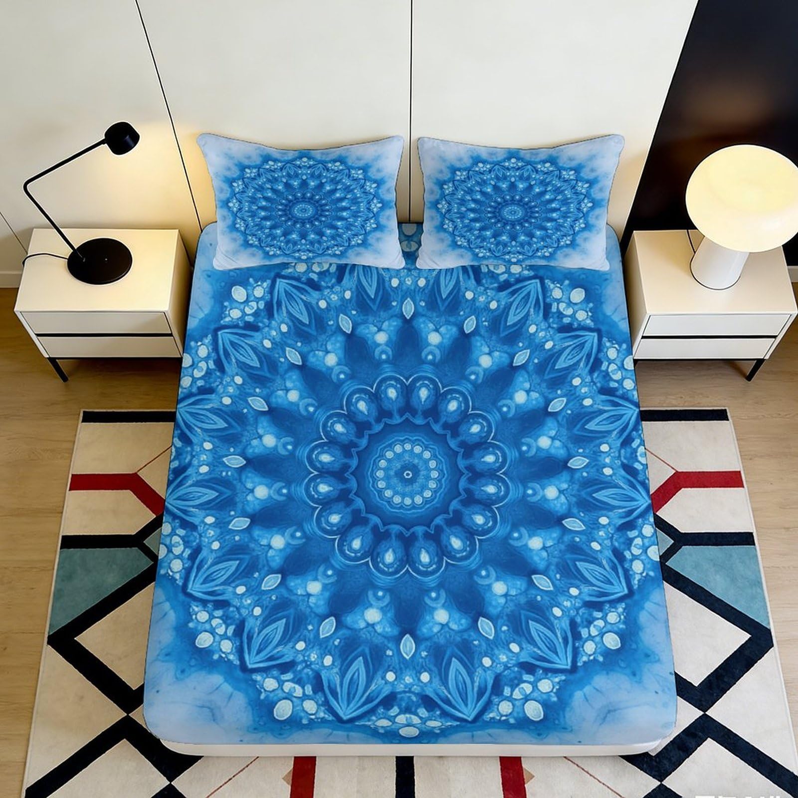 3D Printed Blue Mandala Fitted Sheet Microfiber Soft Breathable Watercolor Pattern Mattress Cover Bedroom Decor 90x200x25cm