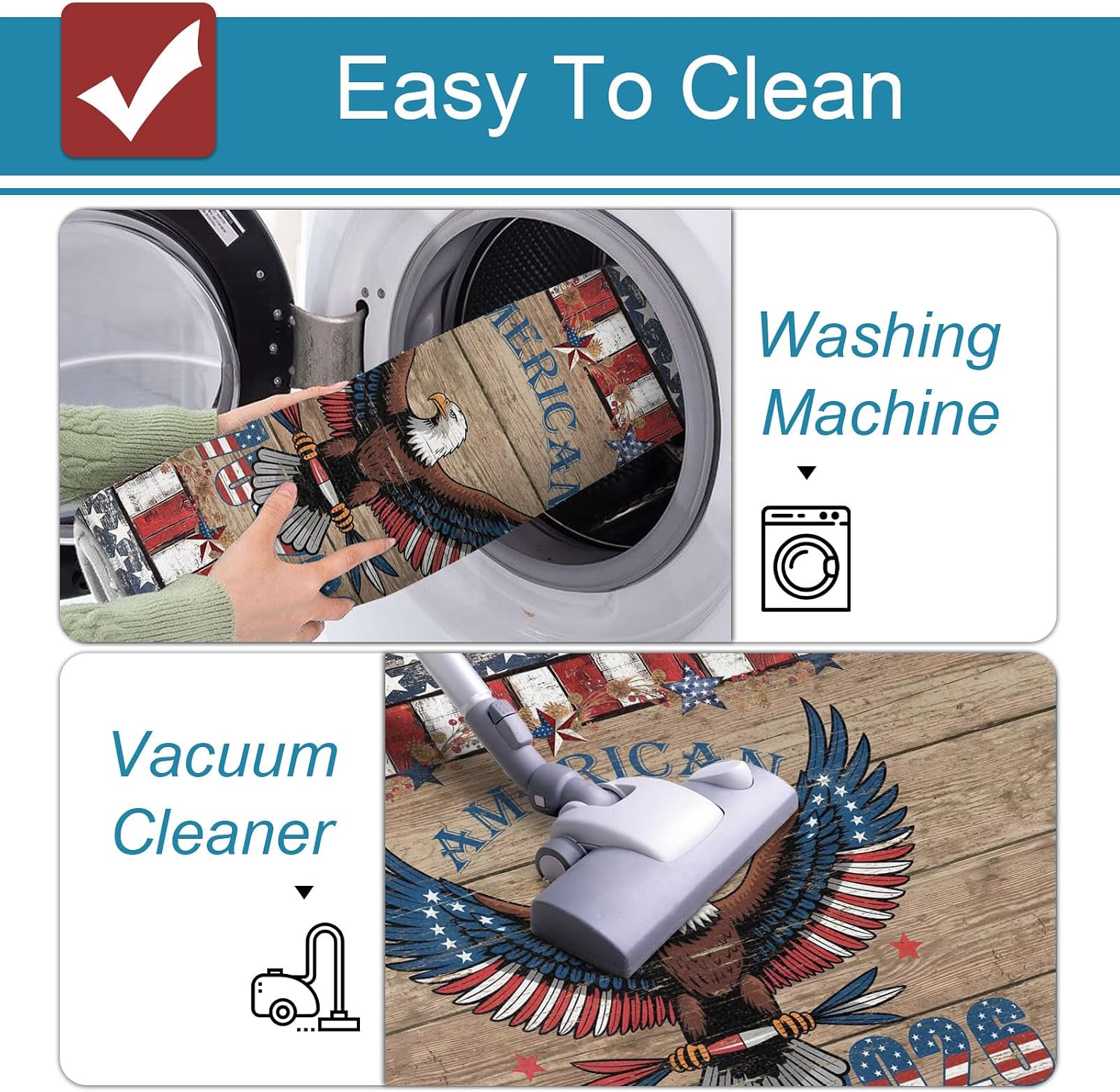 Patriotic Bald Eagle Kitchen Mats Set of 2 Rustic Wood 1776-2026 Independence Day Non Slip Mat Washable Floor Rug for Kitchen Sink Floor Laundry, 20"x24"+20"x48"