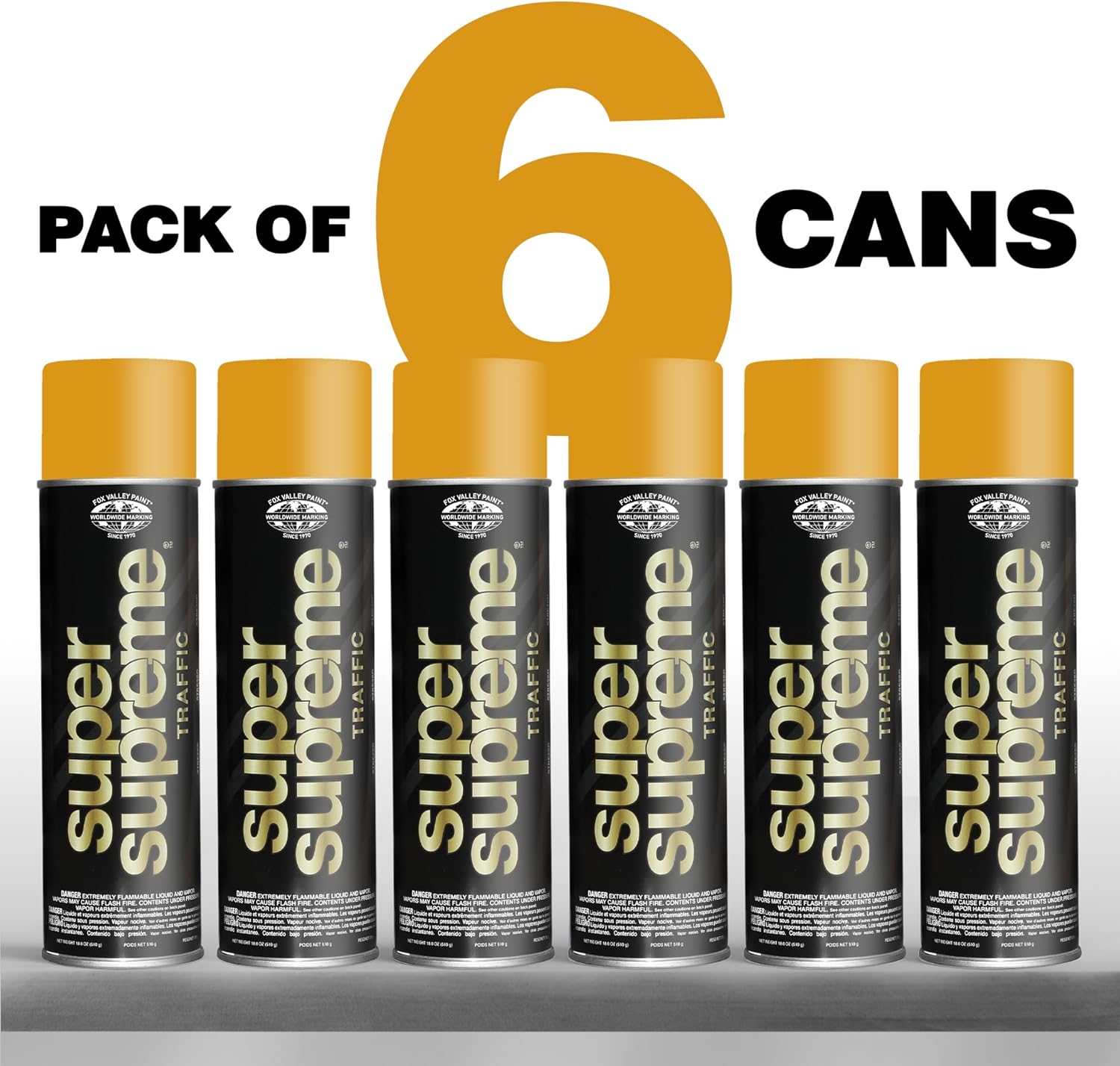 Fox Valley Super Supreme Traffic Marking Spray Paint – 18oz (6-Pack), Fast-Drying, Long Lasting, Durable & Weather-Resistant - Marking Paint for Roads, Parking Lots, Sidewalks & Factory Floors, Yellow