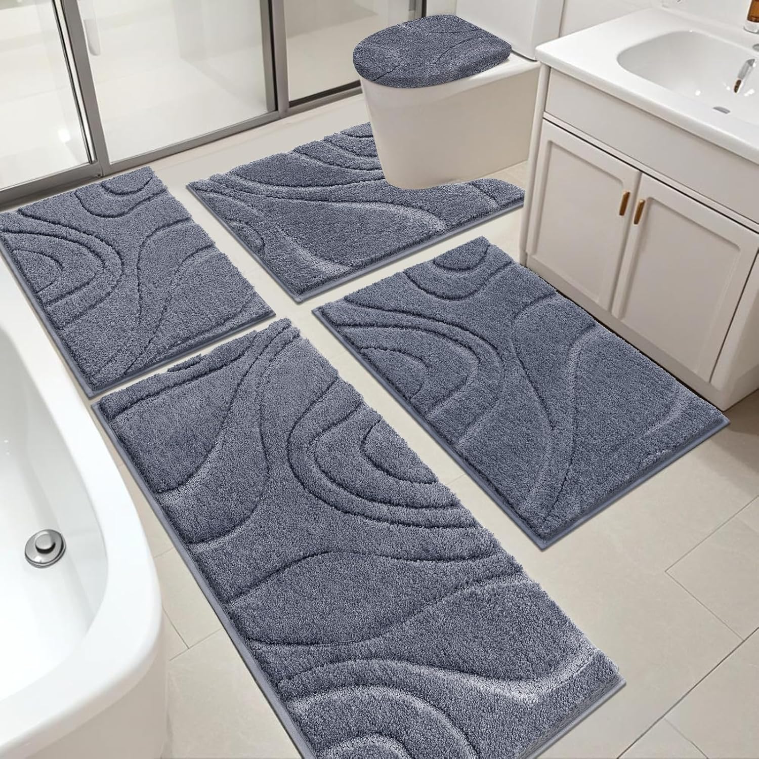 HEBE Bathroom Rugs Sets 5 Piece, Soft Absorbent Microfiber Bath Mat for Bathroom, Non Slip Washable Bath Rug Set with Toilet Cover, Bath Runner and U-Shaped Contour Toilet Rug HEBE Bathroom Rugs Sets 5 Piece, Soft Absorbent Microfiber Bath Mat for Bathroom, Non Slip Washable Bath Rug Set with Toilet Cover, Bath Runner and U-Shaped Contour Toilet Rug