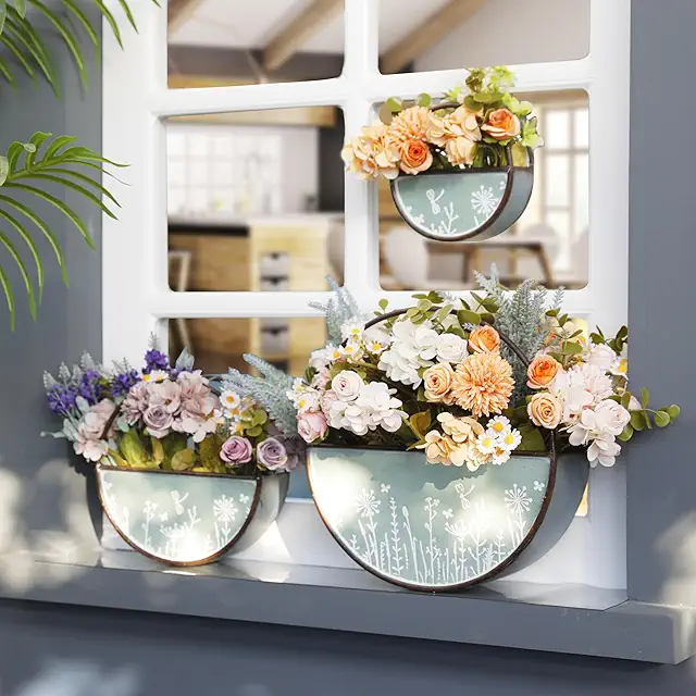 Round Green Wall Planter Set - Metal Hanging Vase for Indoor/Outdoor Plants