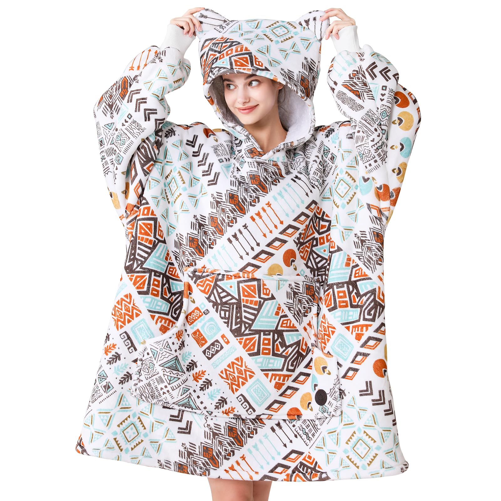 THREE POODLE Wearable Blanket Hoodie for Women, Oversized Sherpa Sweatshirt Blanket for Adults Men, Cozy Bohemia Hooded Blankets, Gifts for Teen Girls