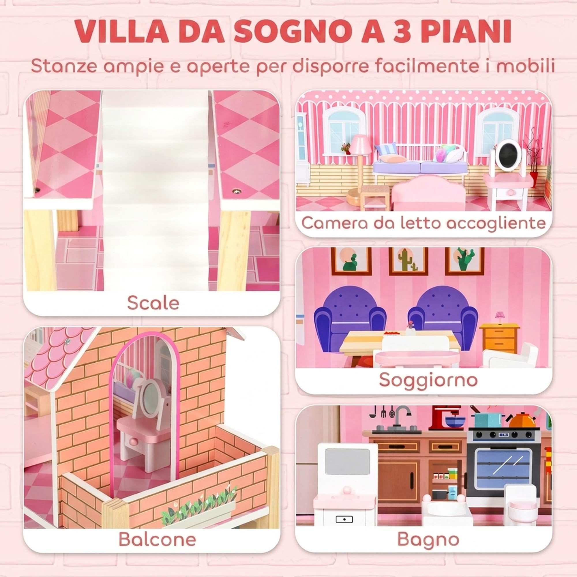 AIYAPLAY Casa delle Bambole in Legno per Bambini, 3 Piani, 10 Mobili, Rosa