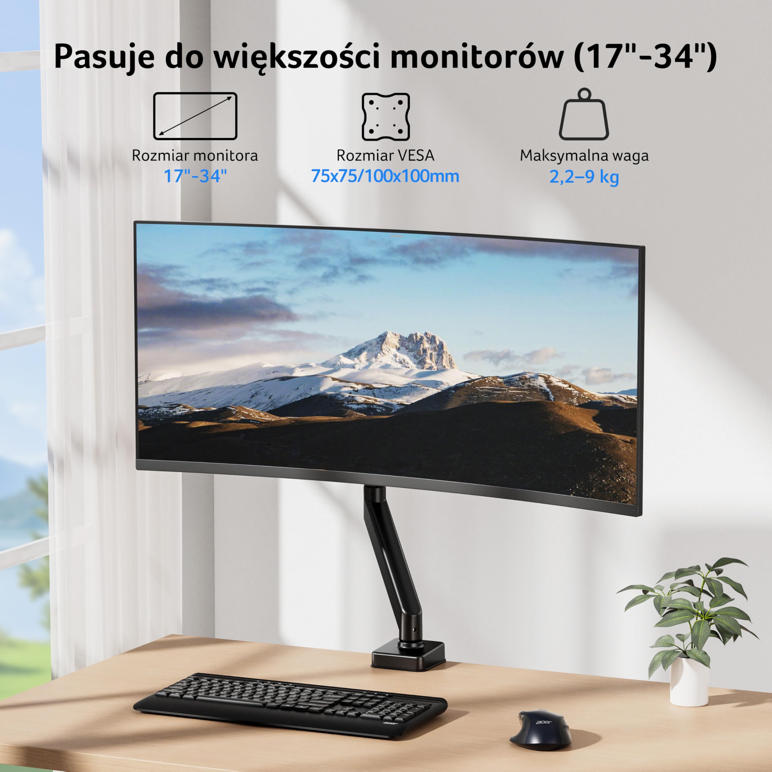 Acer Uchwyt pojedynczy monitor do 17-34 cali, Sprężyna gazowa Ramię | Obciążenie 2-9kg, Stojak regulacją wysokości z Pochylenie Obrót Obracania, VESA 75/100mm, Podstawa zaciskiem C/przelotką