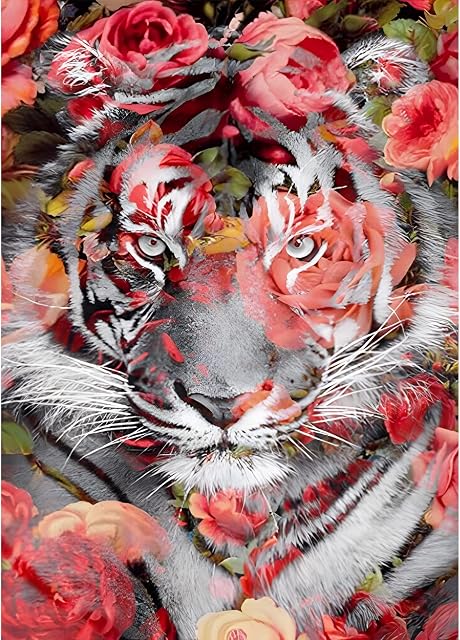 MXJSUA Tiger Diamond Painting Kits, 5D Diamond Painting Kits for Adults Beginner, 5D Diamond Art Tiger Kits Adults, DIY Diamond Picture Arts Gem Arts Painting Pink Rose and Tiger 30x40cm