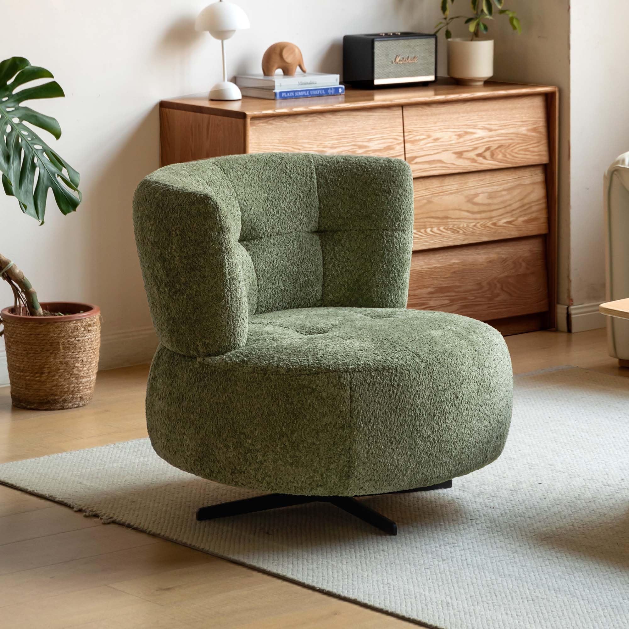 YESWOOD Einzel-Sessel - 360° drehbar, leicht & platzsparend, ideal für Wohnzimmer & Schlafzimmer, 82T x 77B x 75H cm, Bouclé-Stoff, Weihnachtsgrün